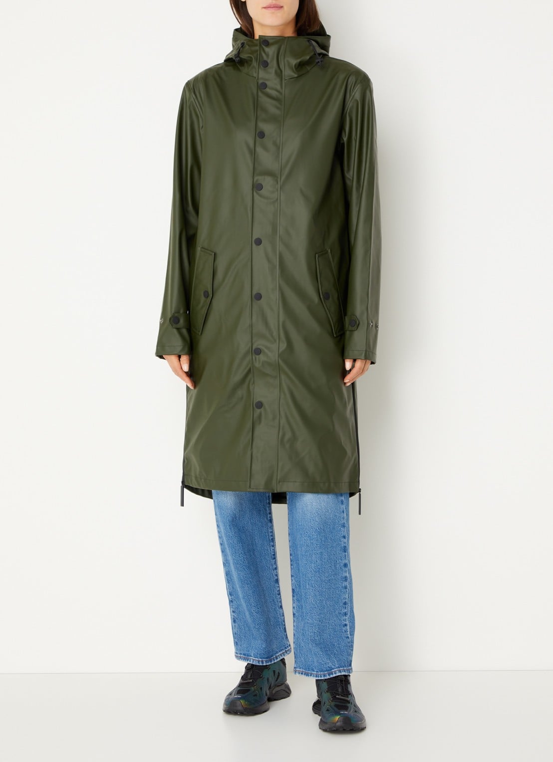 Maium Longline regenjas met capuchon - unisex - voorkant 9 legergroen