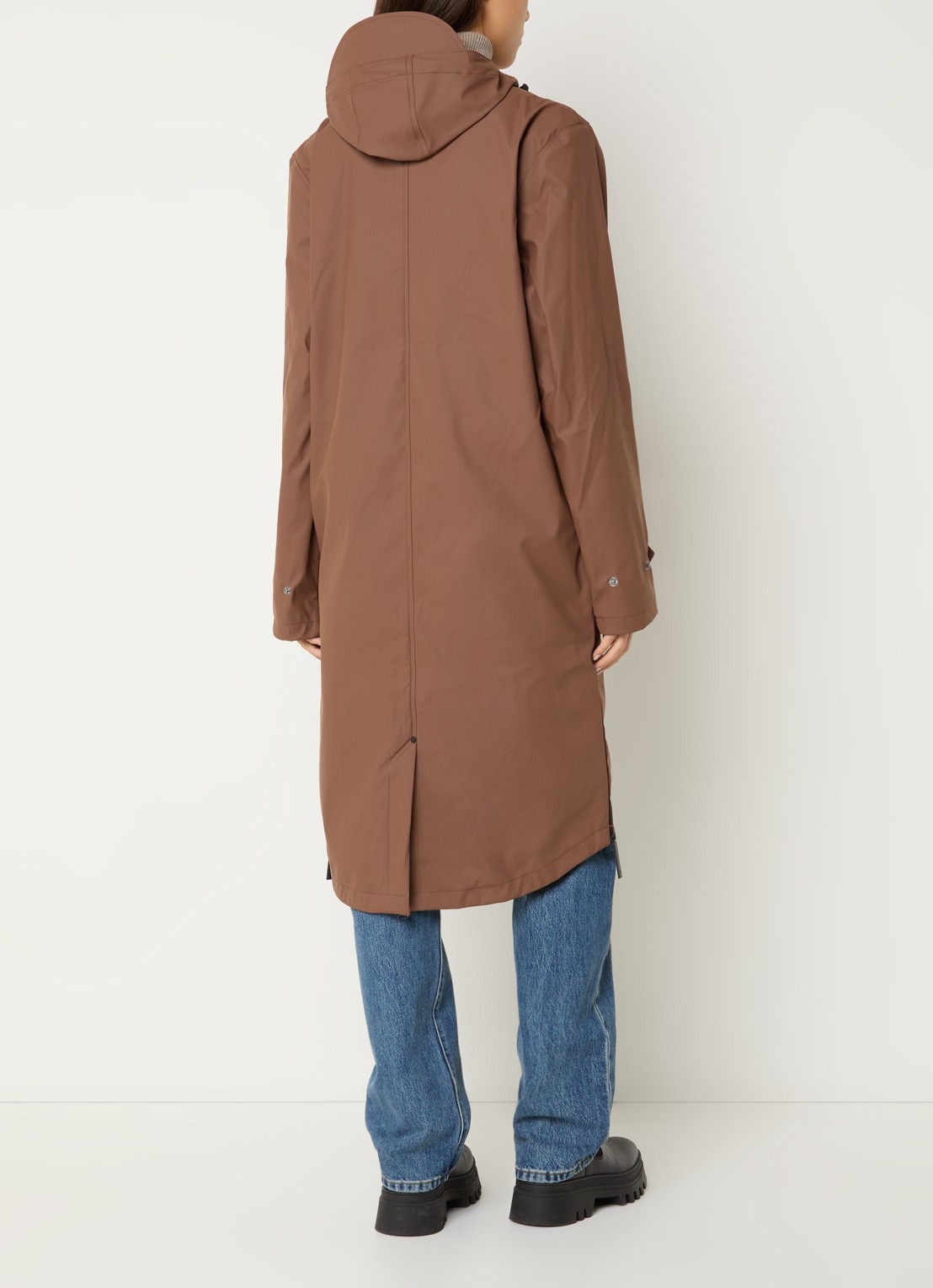 Maium Longline regenjas met capuchon - unisex - achterkant 3 hazelnootbruin