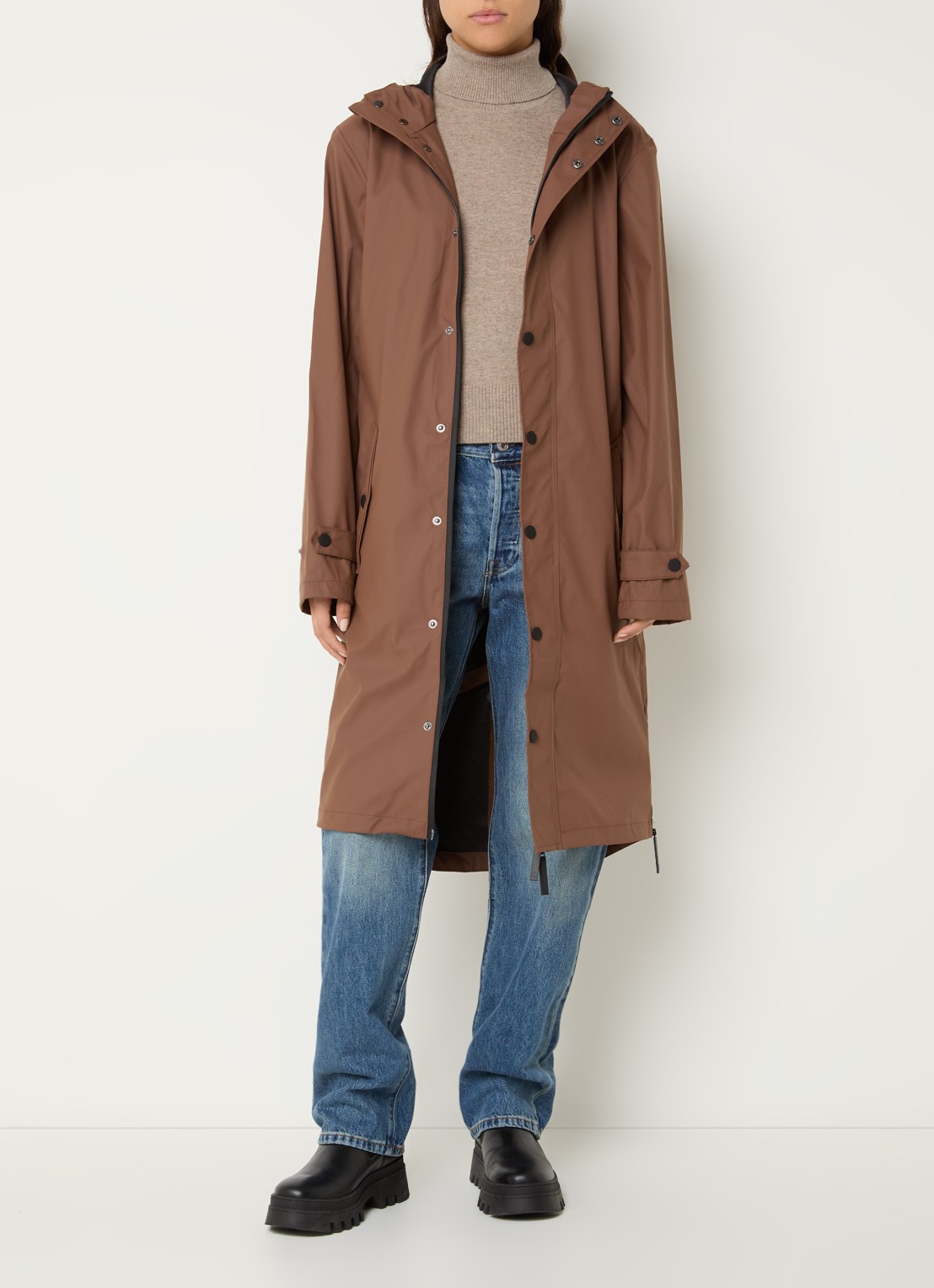 Maium Longline regenjas met capuchon - unisex - voorkant 2 hazelnootbruin