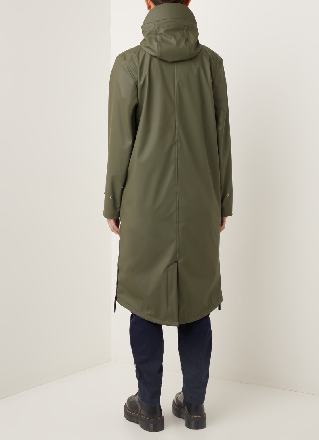 Maium Longline regenjas met capuchon - unisex - achterkant 2 legergroen