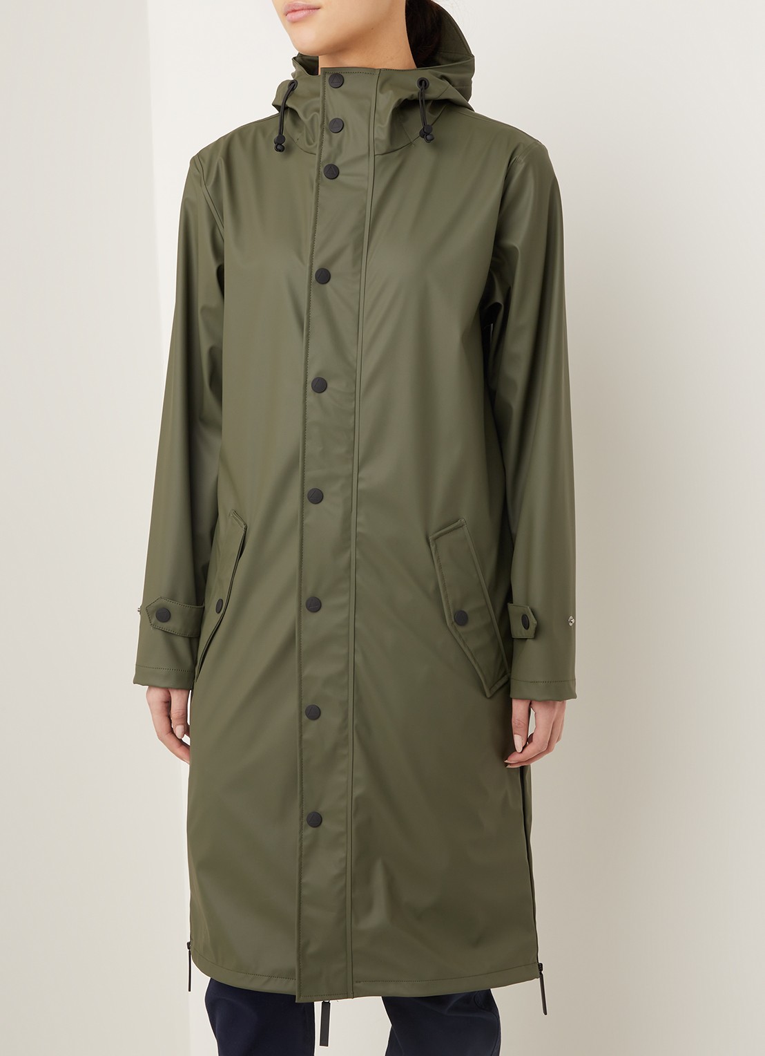 Maium Longline regenjas met capuchon - unisex - detail 4 legergroen