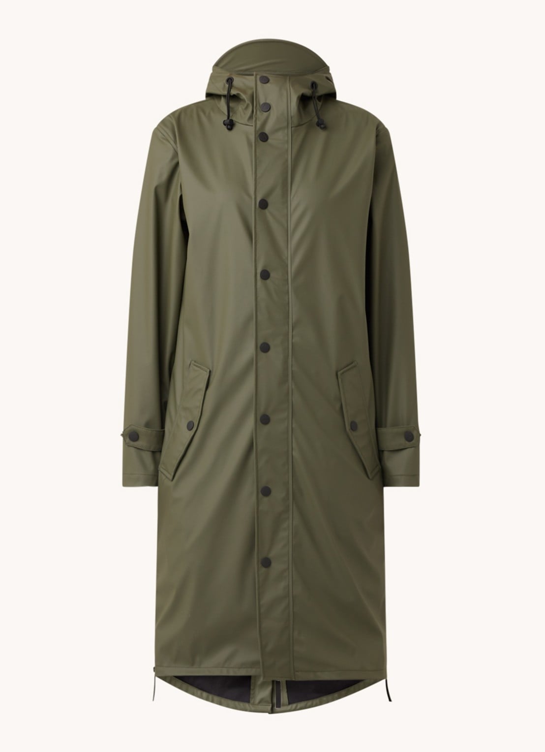 Maium Longline regenjas met capuchon - unisex - voorkant 10 legergroen