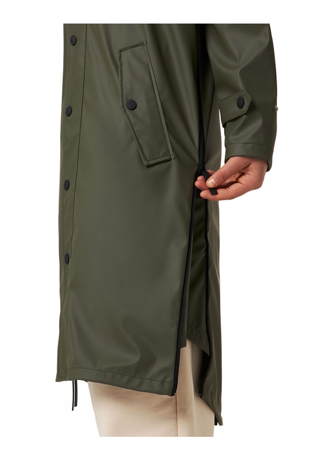 Maium Longline regenjas met capuchon - unisex - detail 7 legergroen