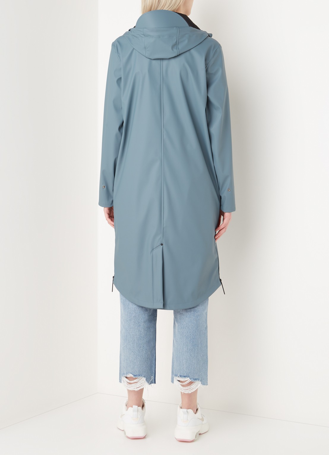 Maium Longline regenjas met capuchon - unisex - achterkant blauwgrijs
