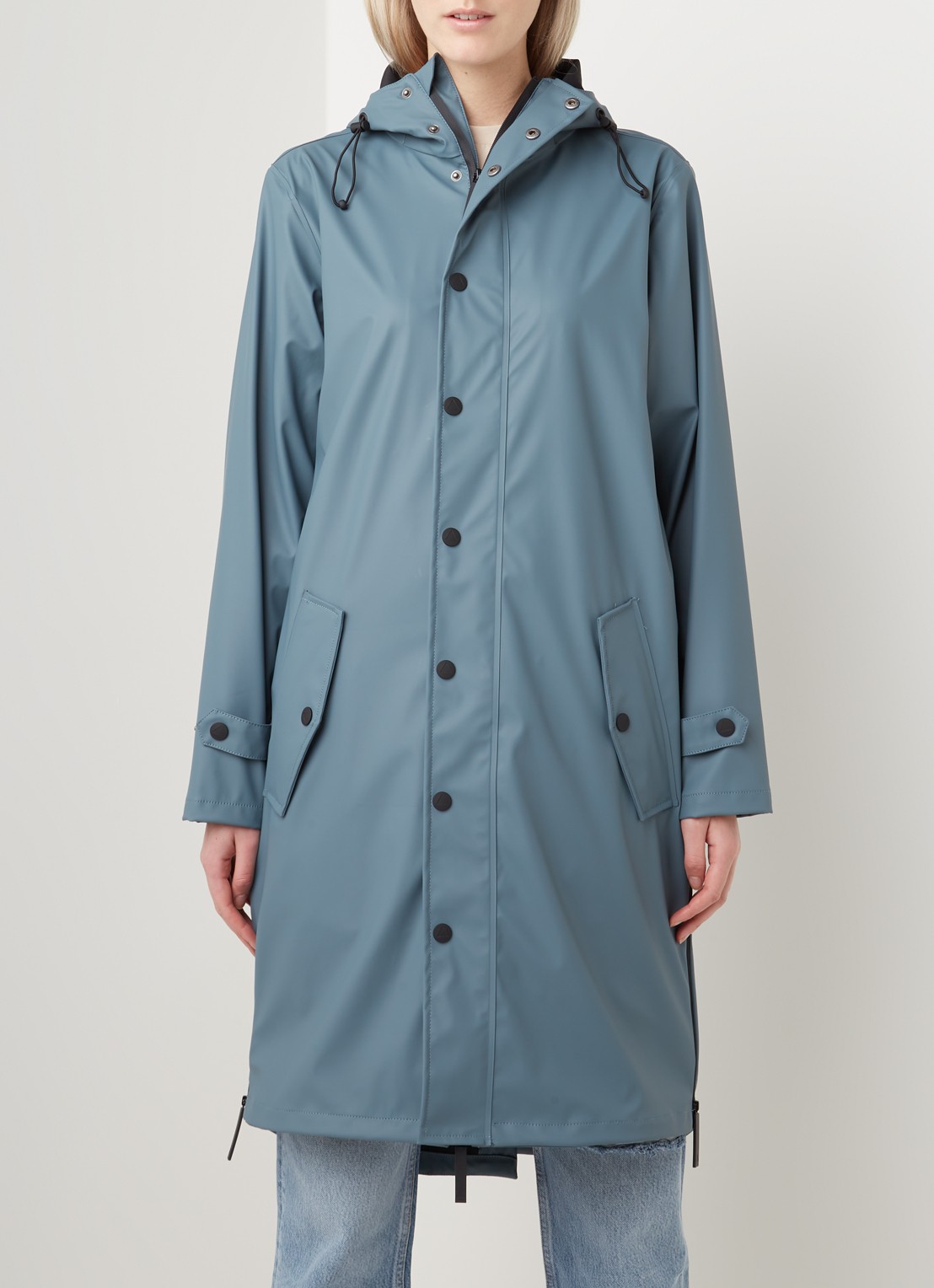 Maium Longline regenjas met capuchon - unisex - detail 5 blauwgrijs