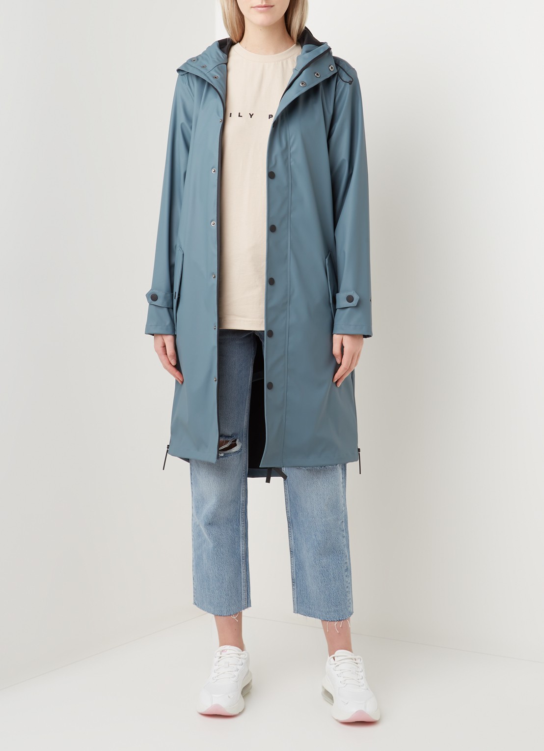 Maium Longline regenjas met capuchon - unisex - voorkant 3 blauwgrijs