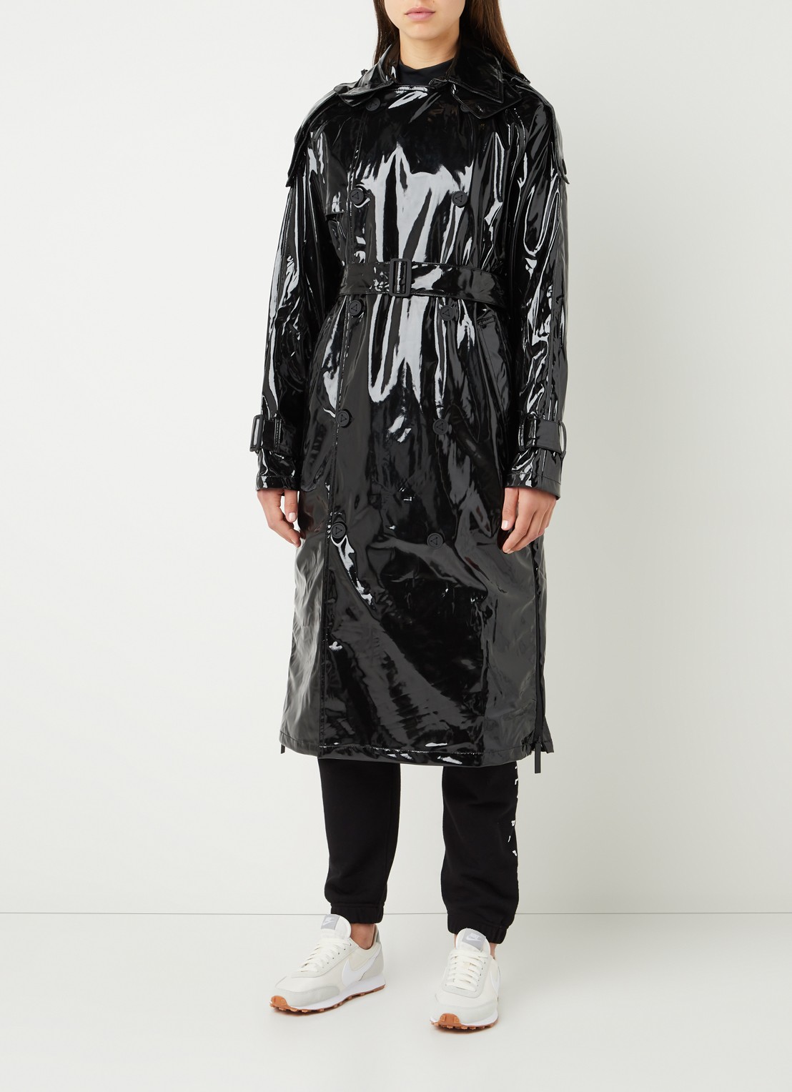 Maium Trenchcoat met steekzakken en afneembare capuchon - detail zwart