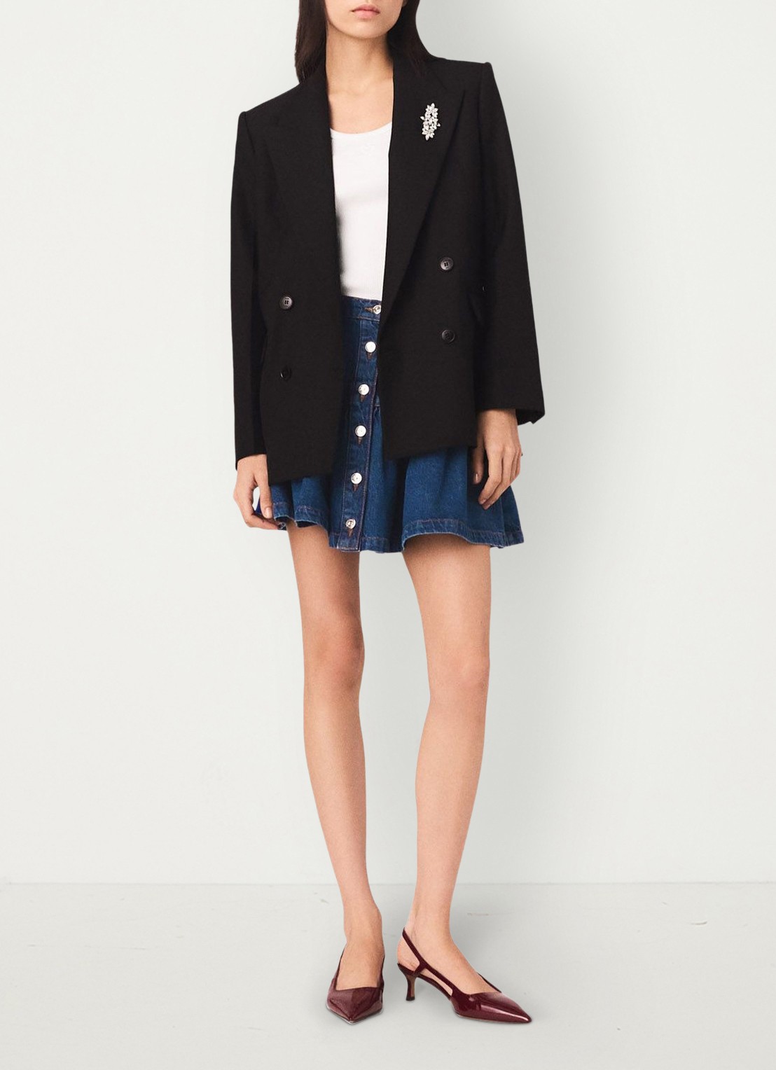 Maje 125Vordeau double-breasted blazer met afneembare broche - voorkant 7 donkerblauw