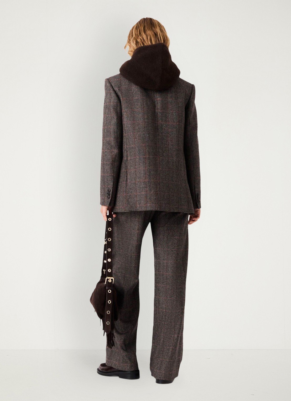 Maje Blazer in wolblend met ruitdessin en afneembare riem - achterkant 8 bruin