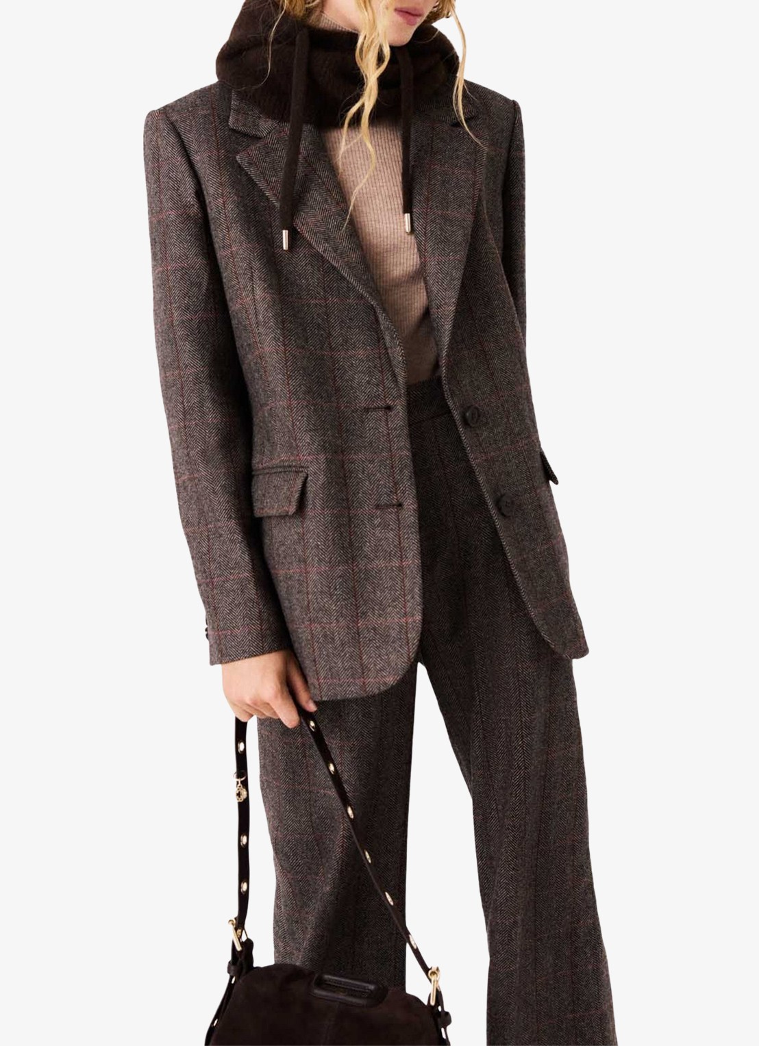 Maje Blazer in wolblend met ruitdessin en afneembare riem - detail 4 bruin