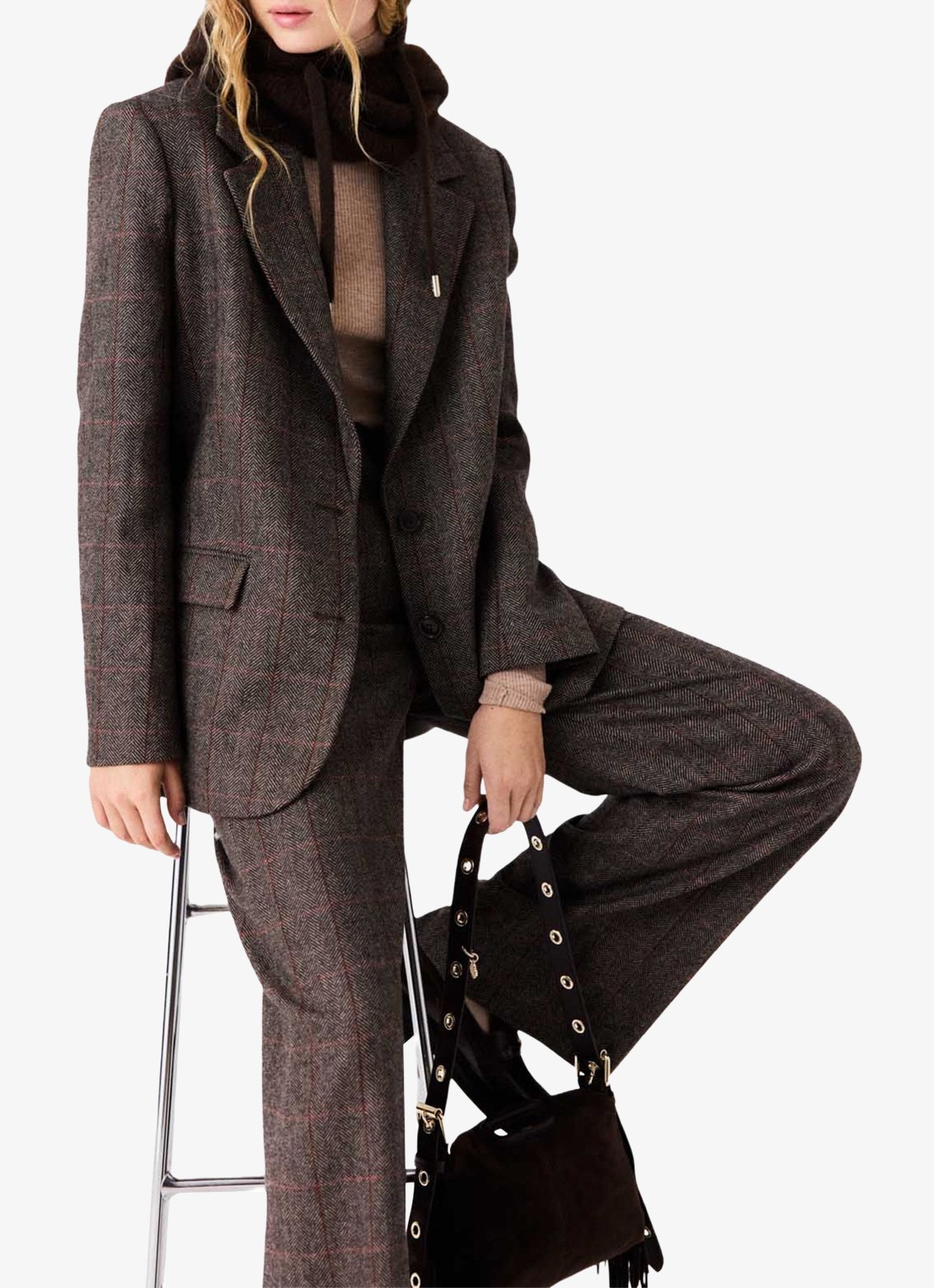 Maje Blazer in wolblend met ruitdessin en afneembare riem - detail 5 bruin