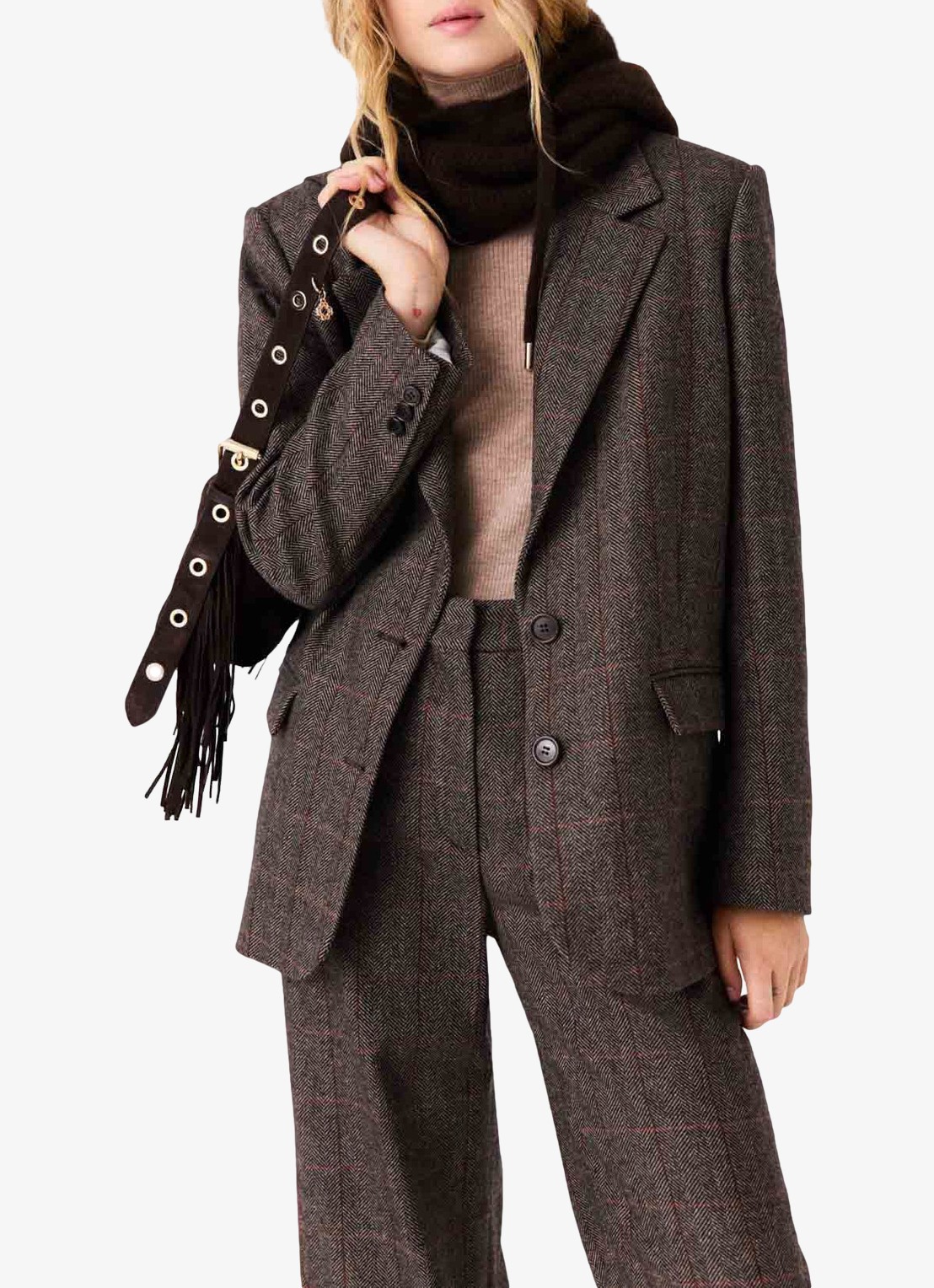 Maje Blazer in wolblend met ruitdessin en afneembare riem - detail 6 bruin