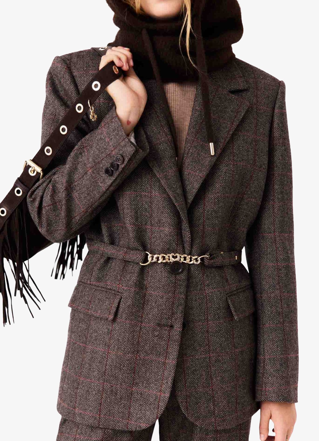 Maje Blazer in wolblend met ruitdessin en afneembare riem - detail 7 bruin
