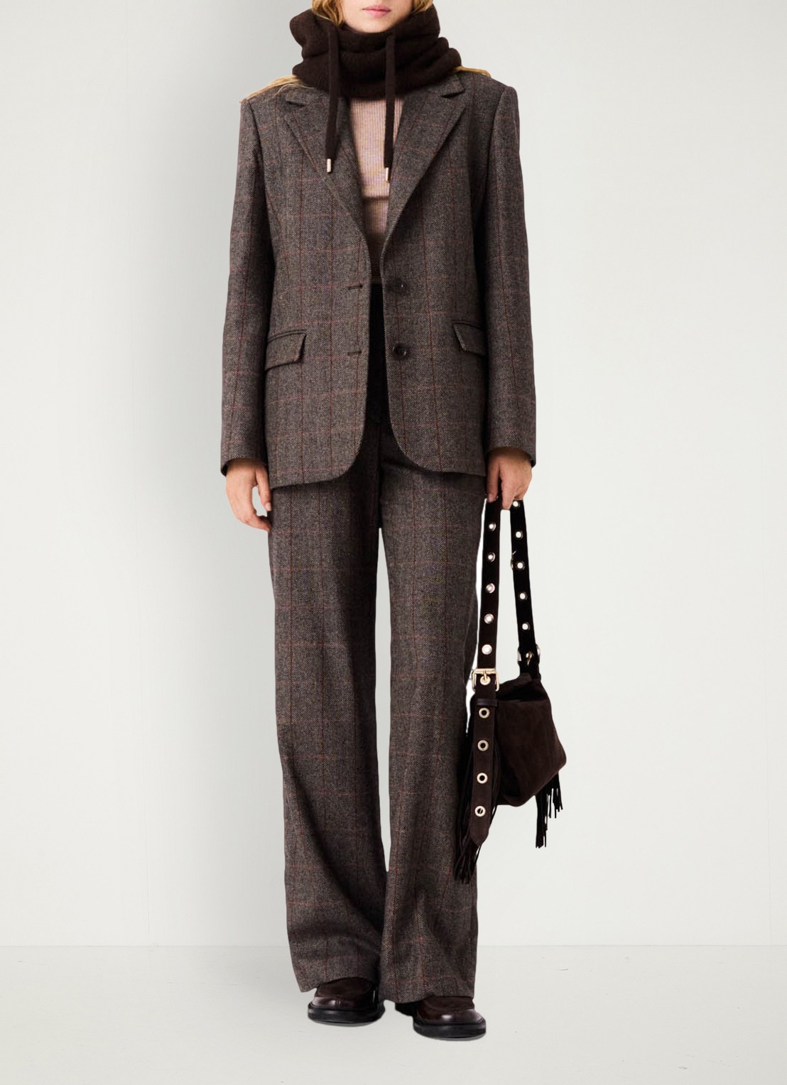 Maje Blazer in wolblend met ruitdessin en afneembare riem - voorkant 2 bruin