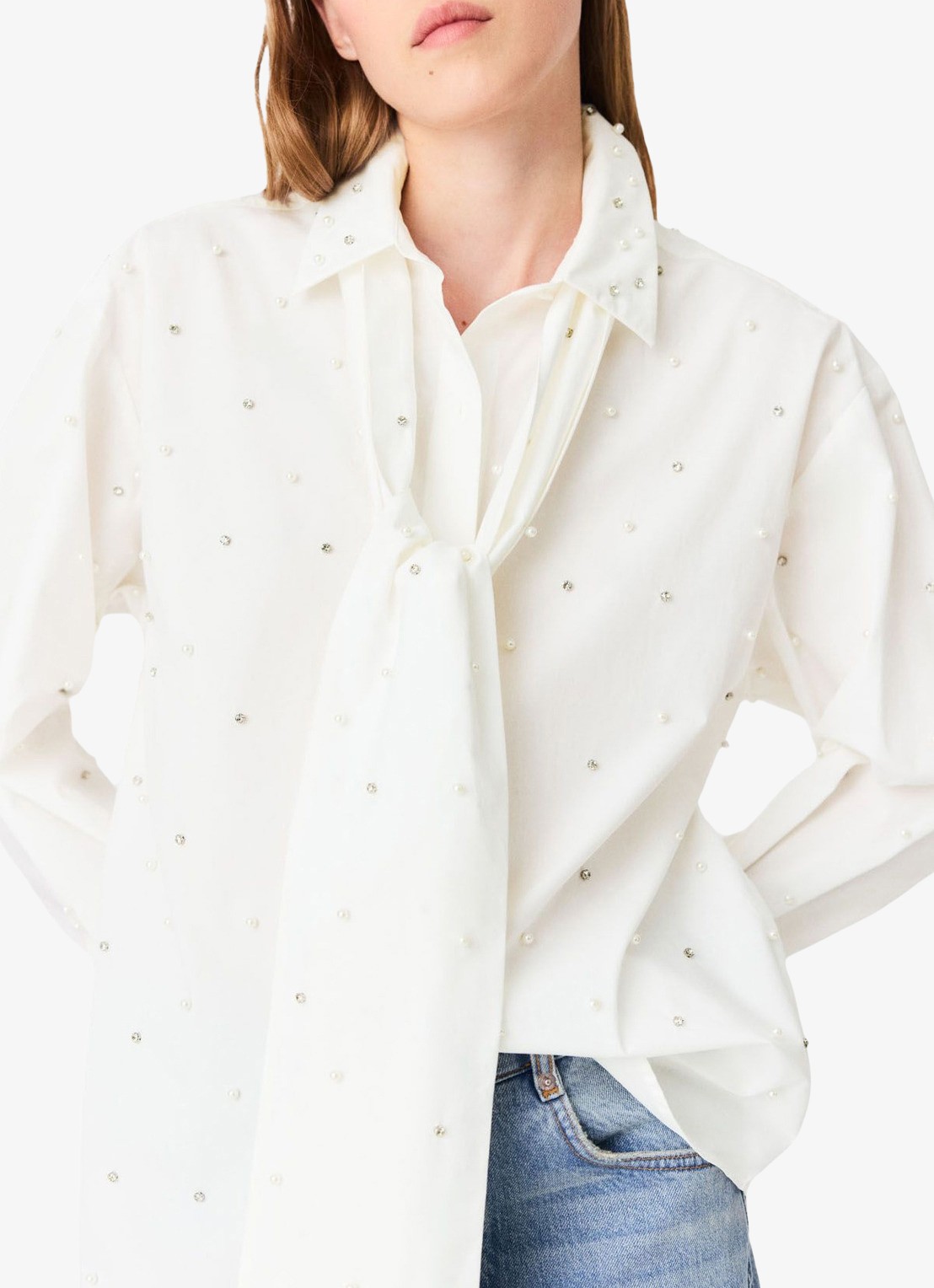 Maje Blouse met strass en imitatieparels - detail 7 gebroken wit