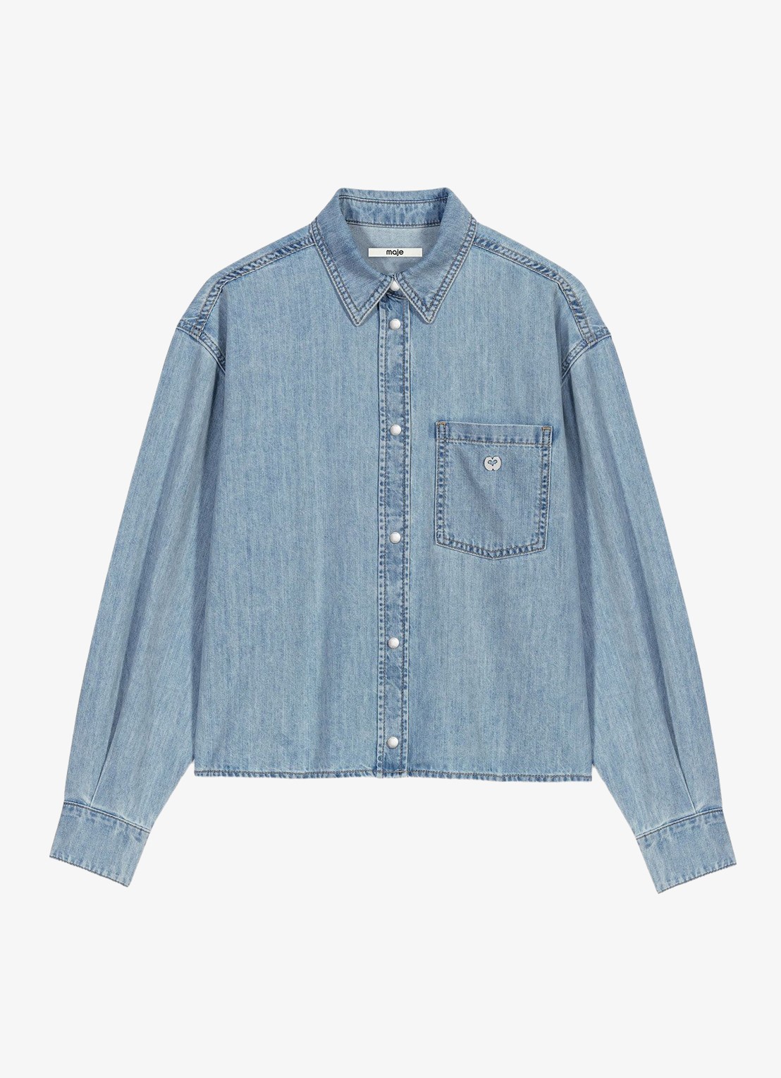 Maje Blouse van denim met borstzak en strass - voorkant donkerblauw