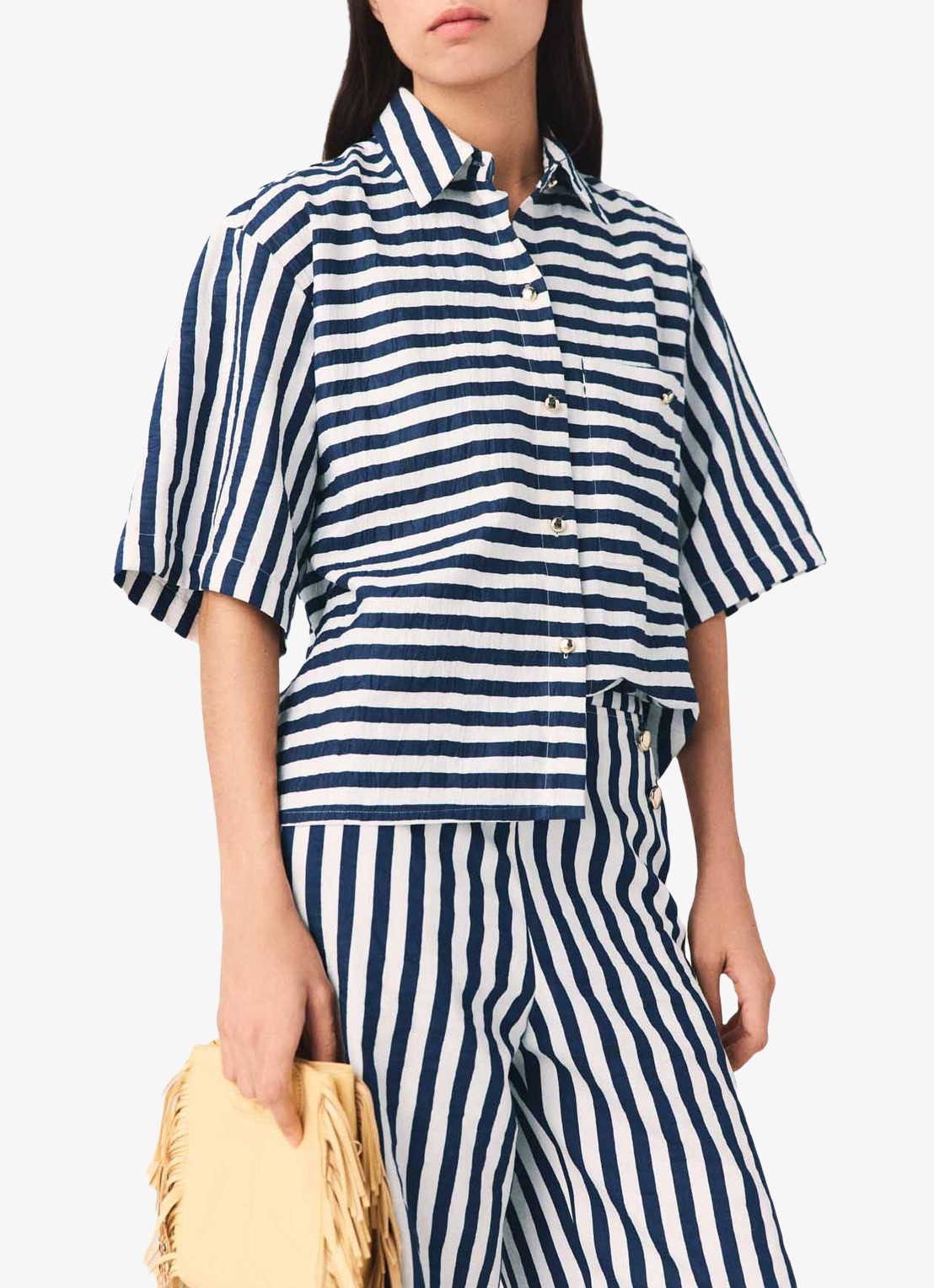 Maje Calais blouse met streepprint - detail donkerblauw