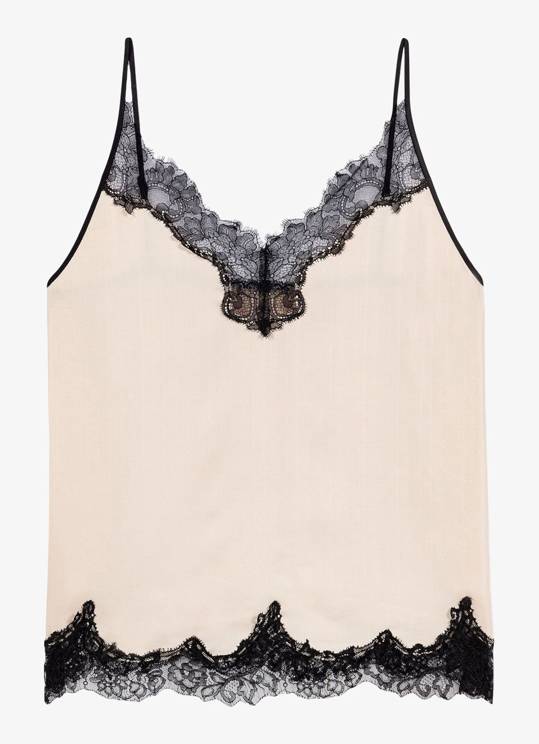 Maje Camisole top met zwart kant en spaghettibandjes - voorkant beige / beige