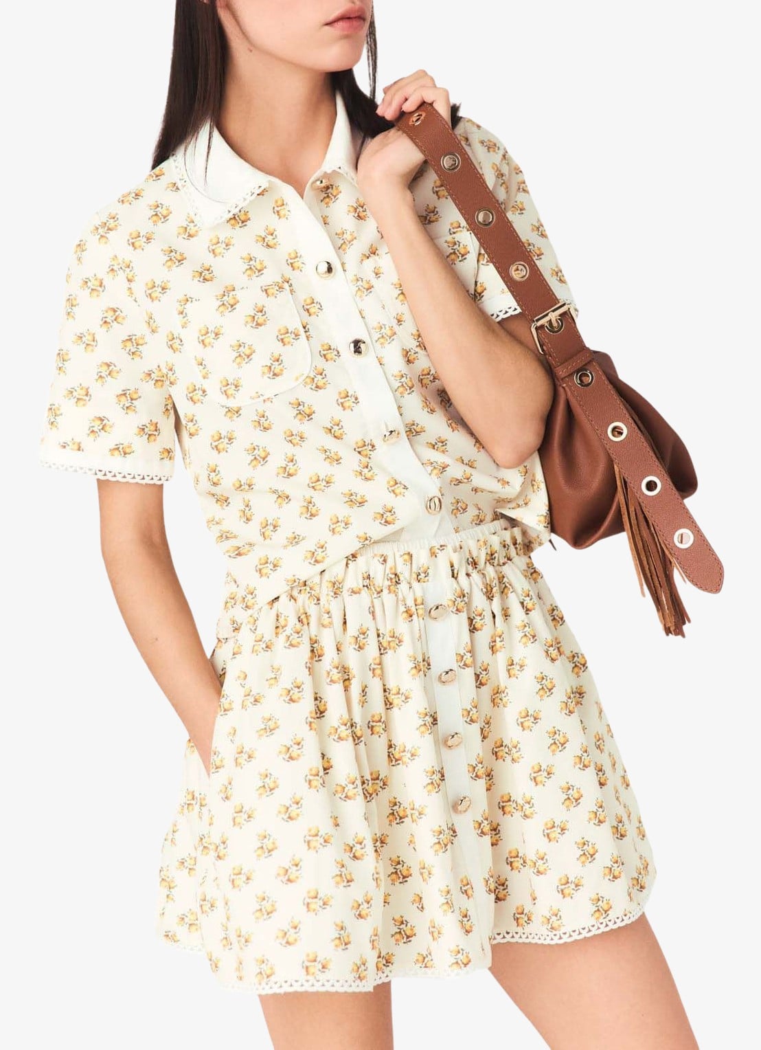 Maje Chazalera blouse met broderie en print - detail 3 geel