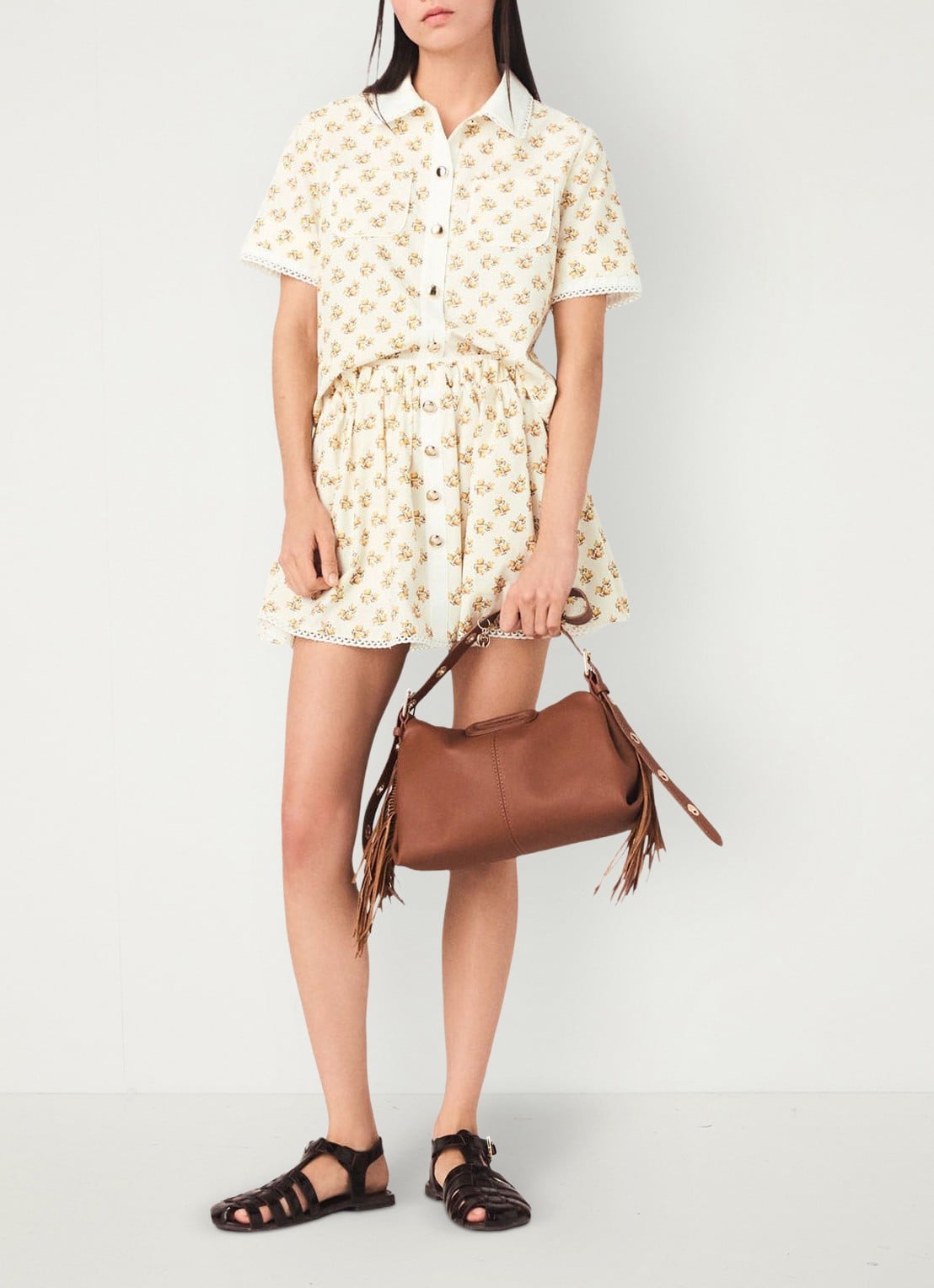Maje Chazalera blouse met broderie en print - voorkant 2 geel