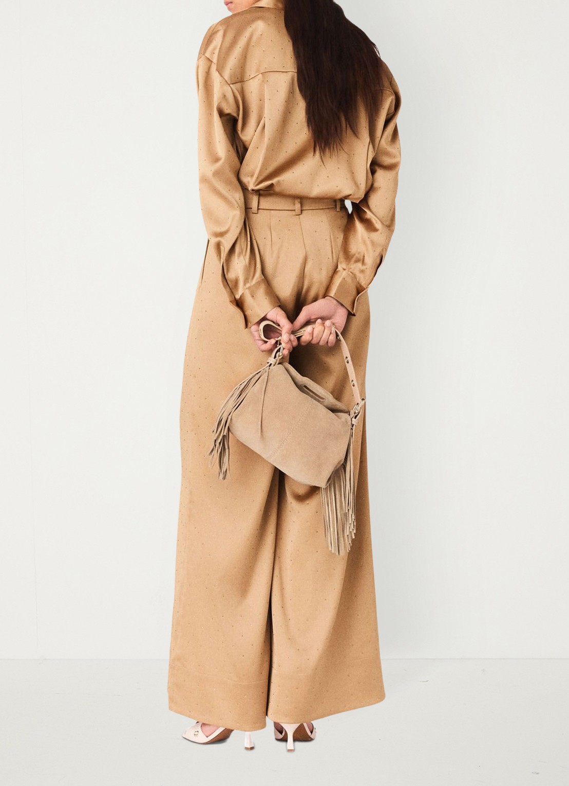 Maje Citerani blouse van satijn met strass - achterkant bruin