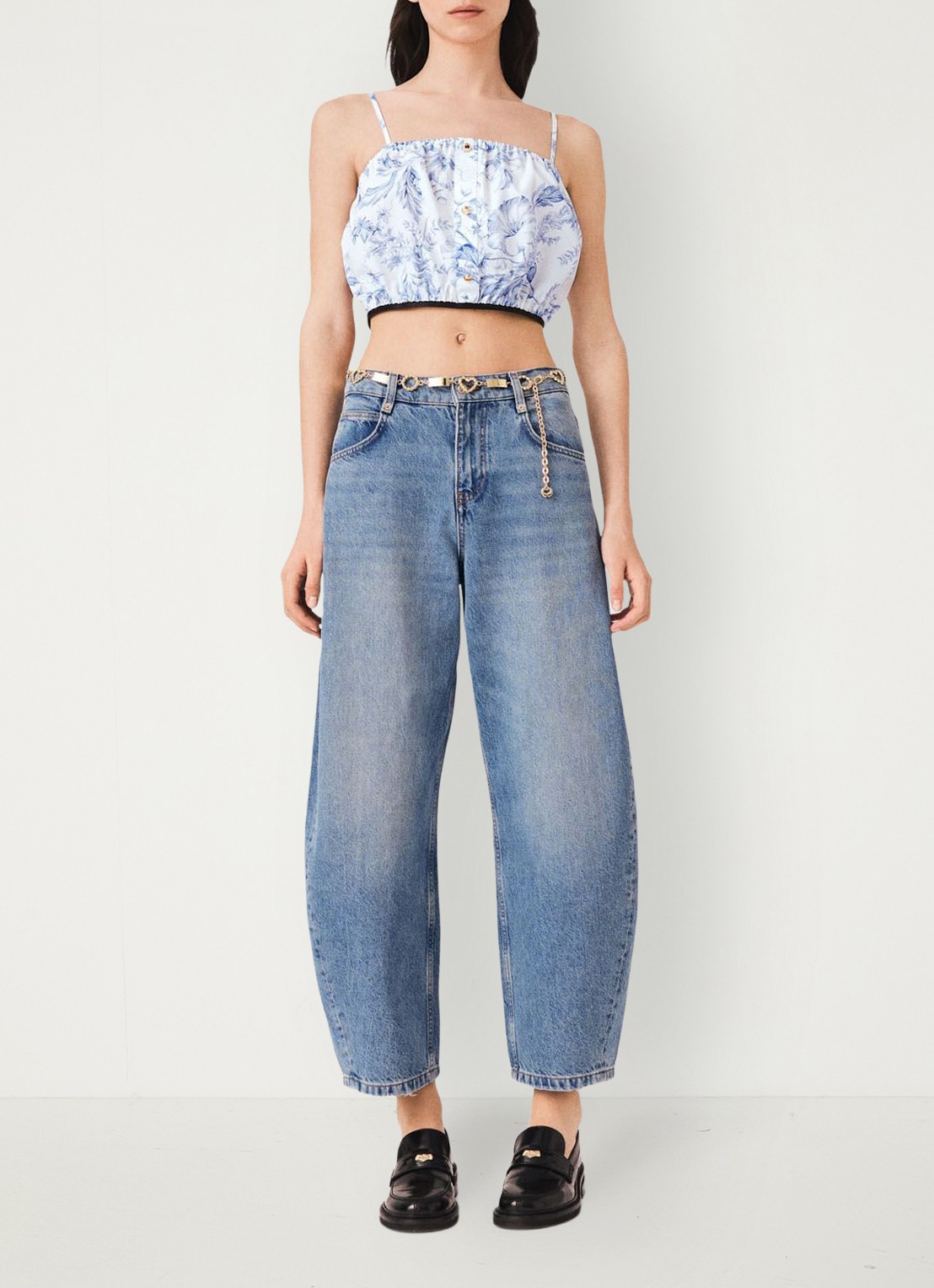 Maje Crop top in lyocellblend met plooien en print - voorkant 2 blauw