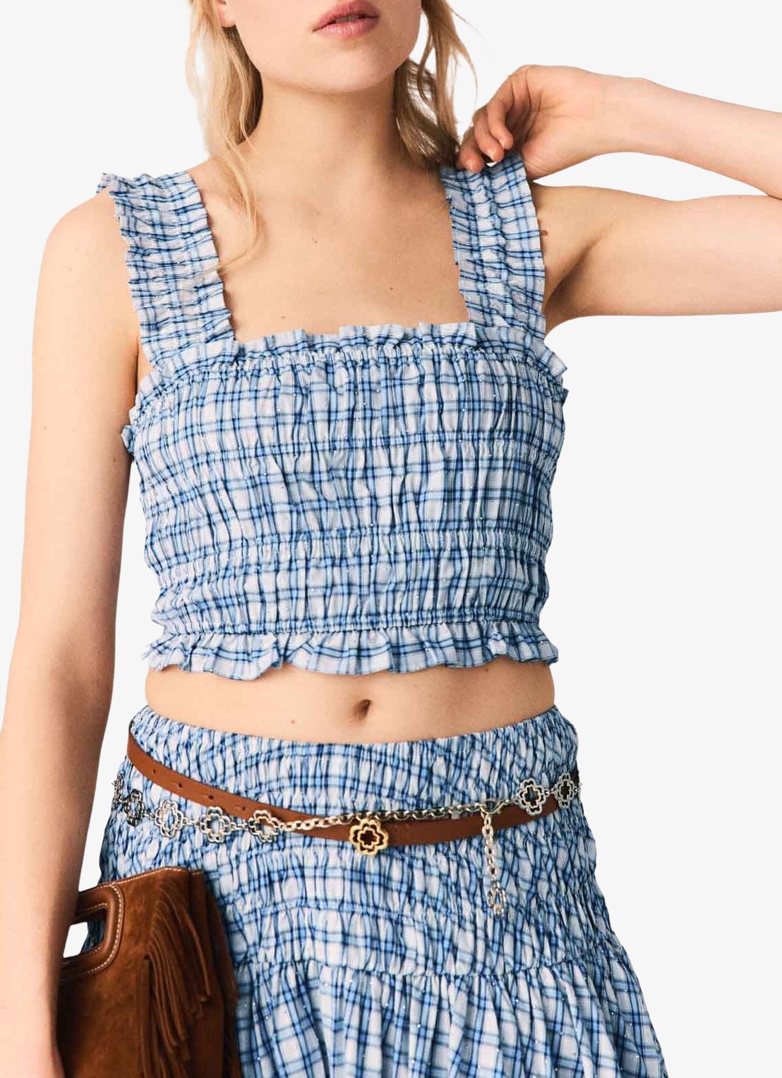 Maje Crop top met smockwerk en strass - detail blauw