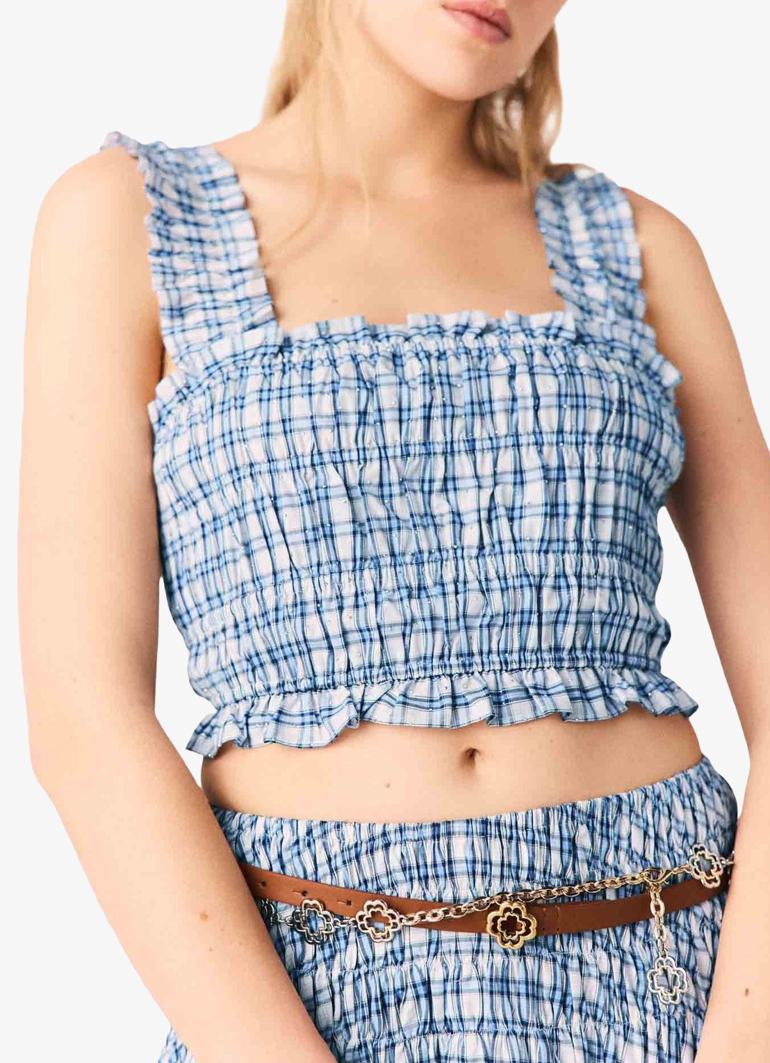 Maje Crop top met smockwerk en strass - detail 3 blauw