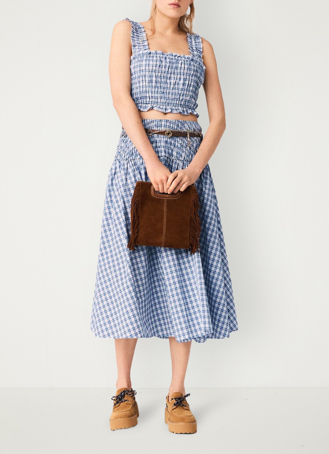 Maje Crop top met smockwerk en strass - voorkant 6 blauw