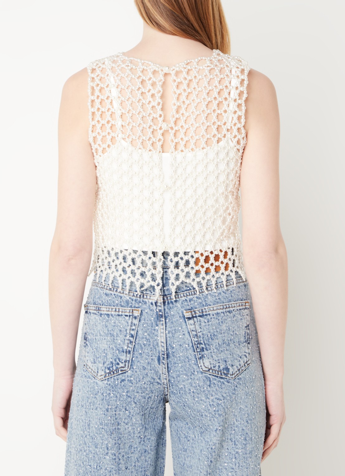 Maje Crop top van imitatieparels - achterkant 4 parelmoer