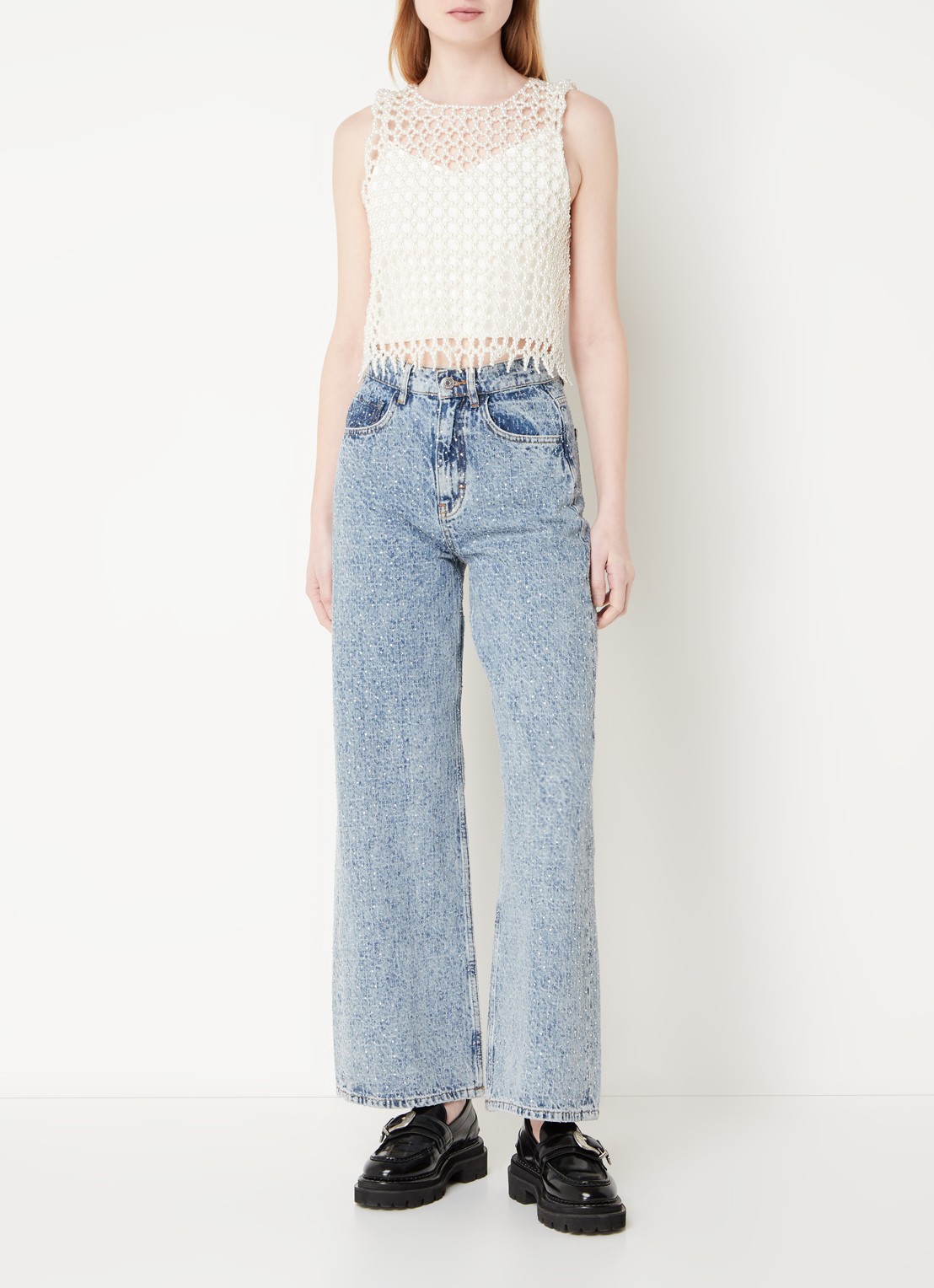 Maje Crop top van imitatieparels - voorkant 2 parelmoer