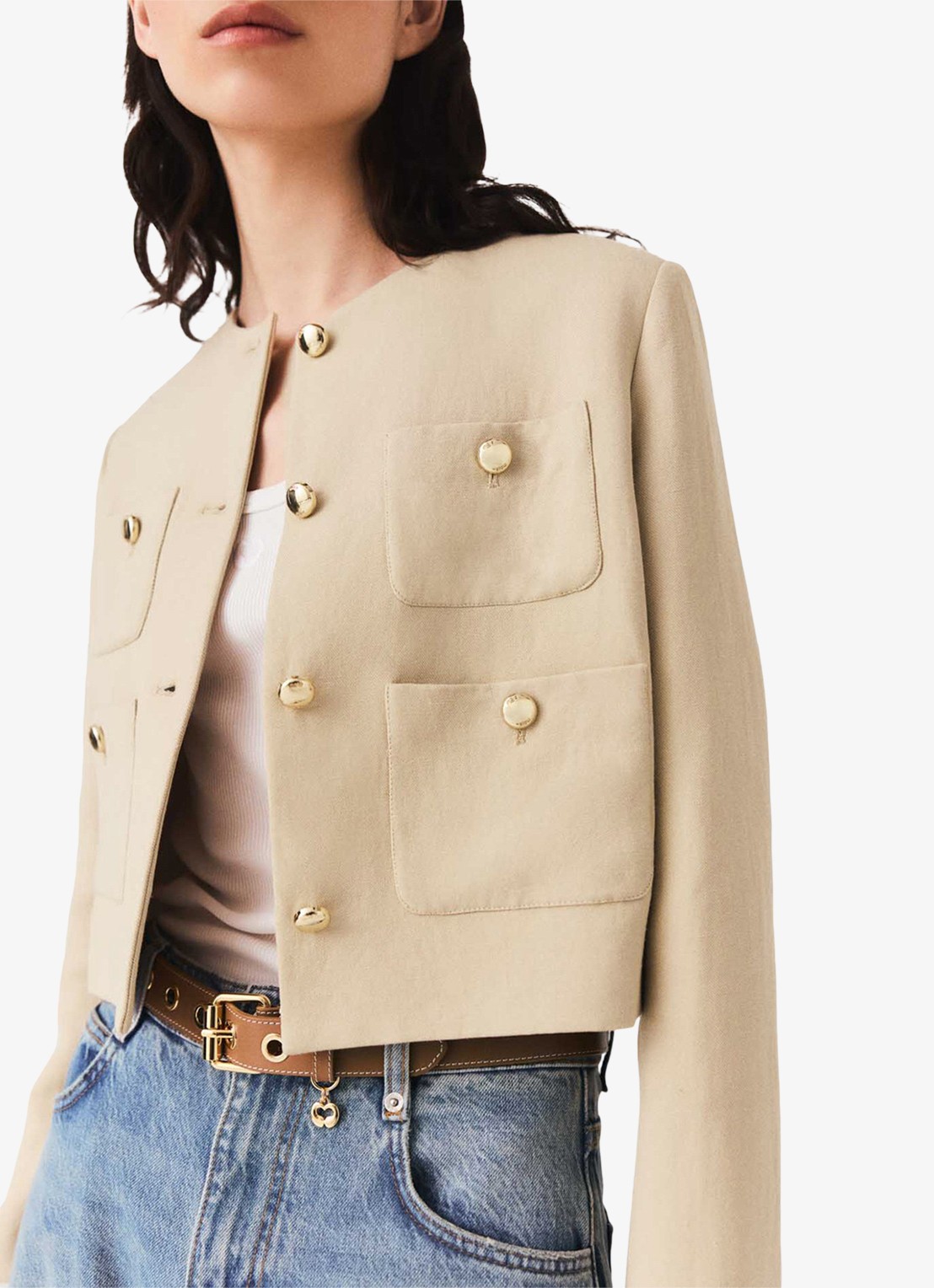 Maje Cropped blazer in linnenblend met opgestikte zakken - detail 2 beige