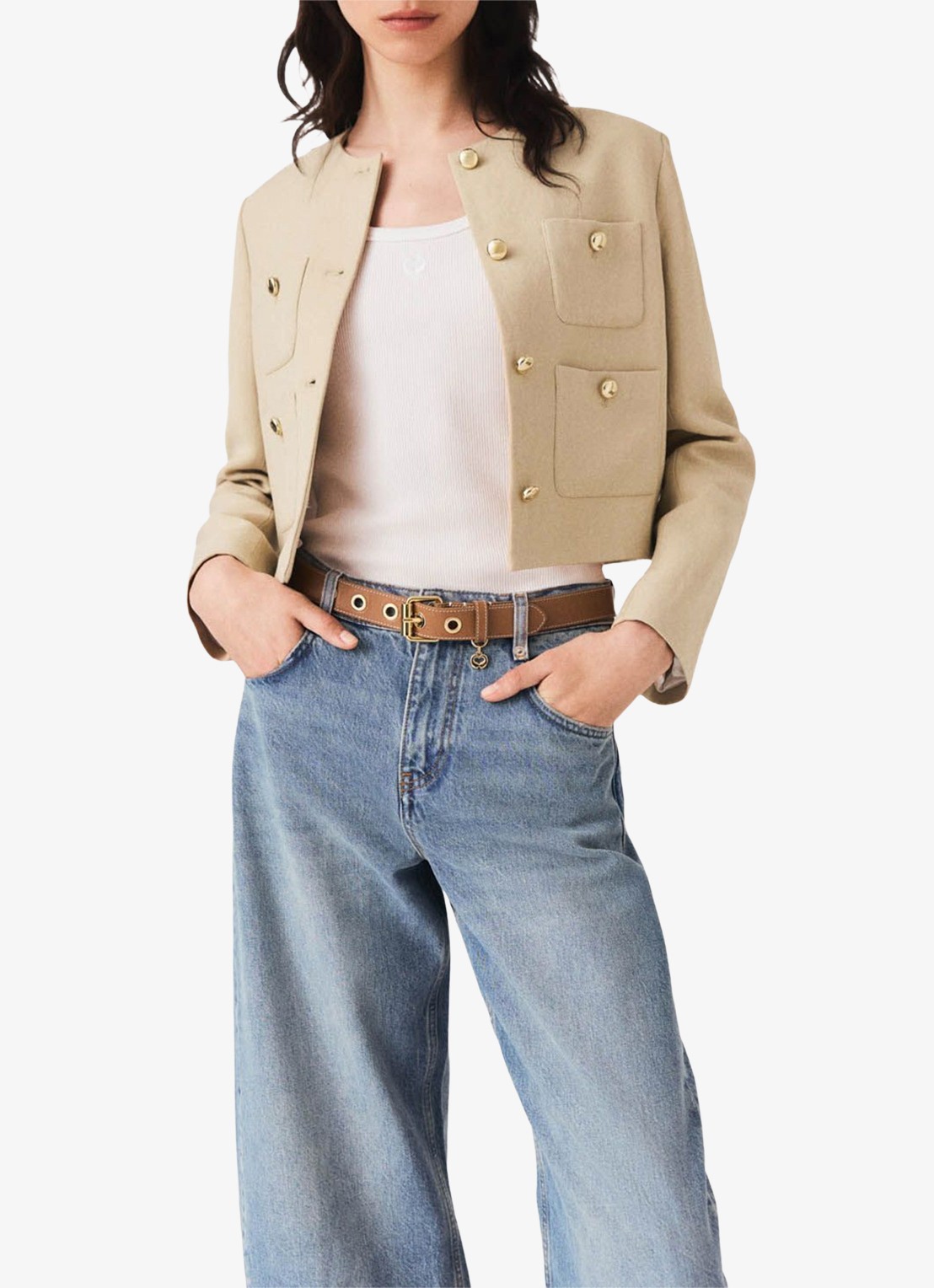 Maje Cropped blazer in linnenblend met opgestikte zakken - detail 4 beige