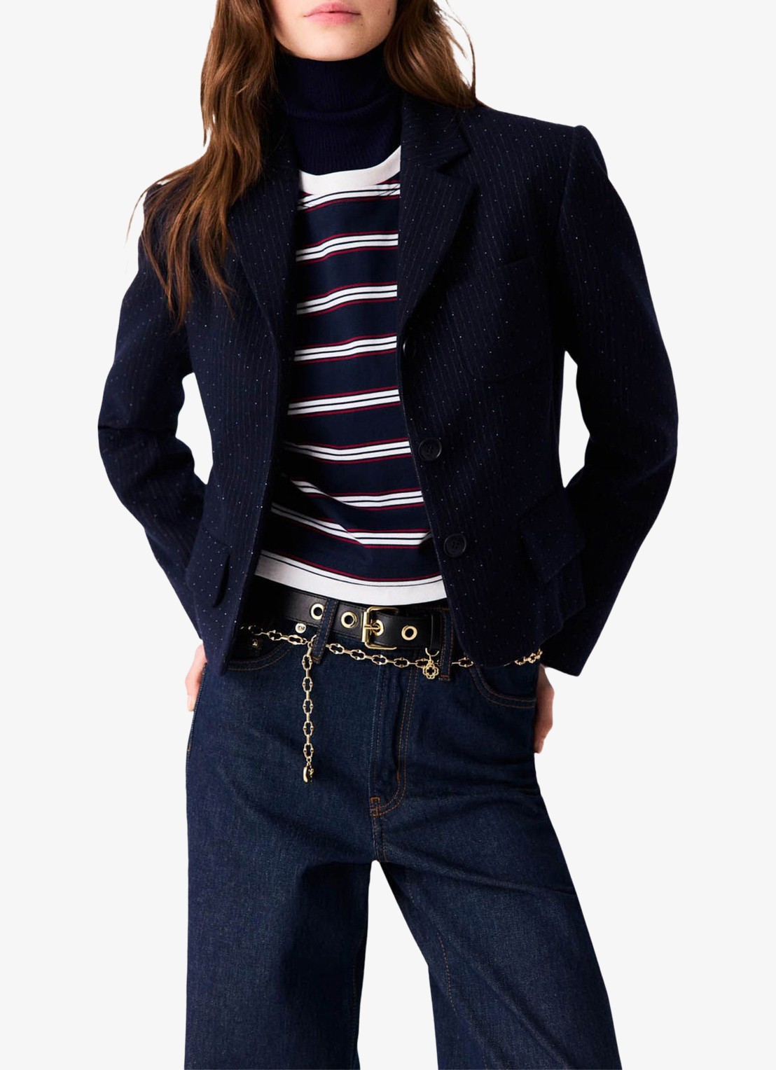 Maje Cropped blazer met streepprint en lurex - detail 2 donkerblauw