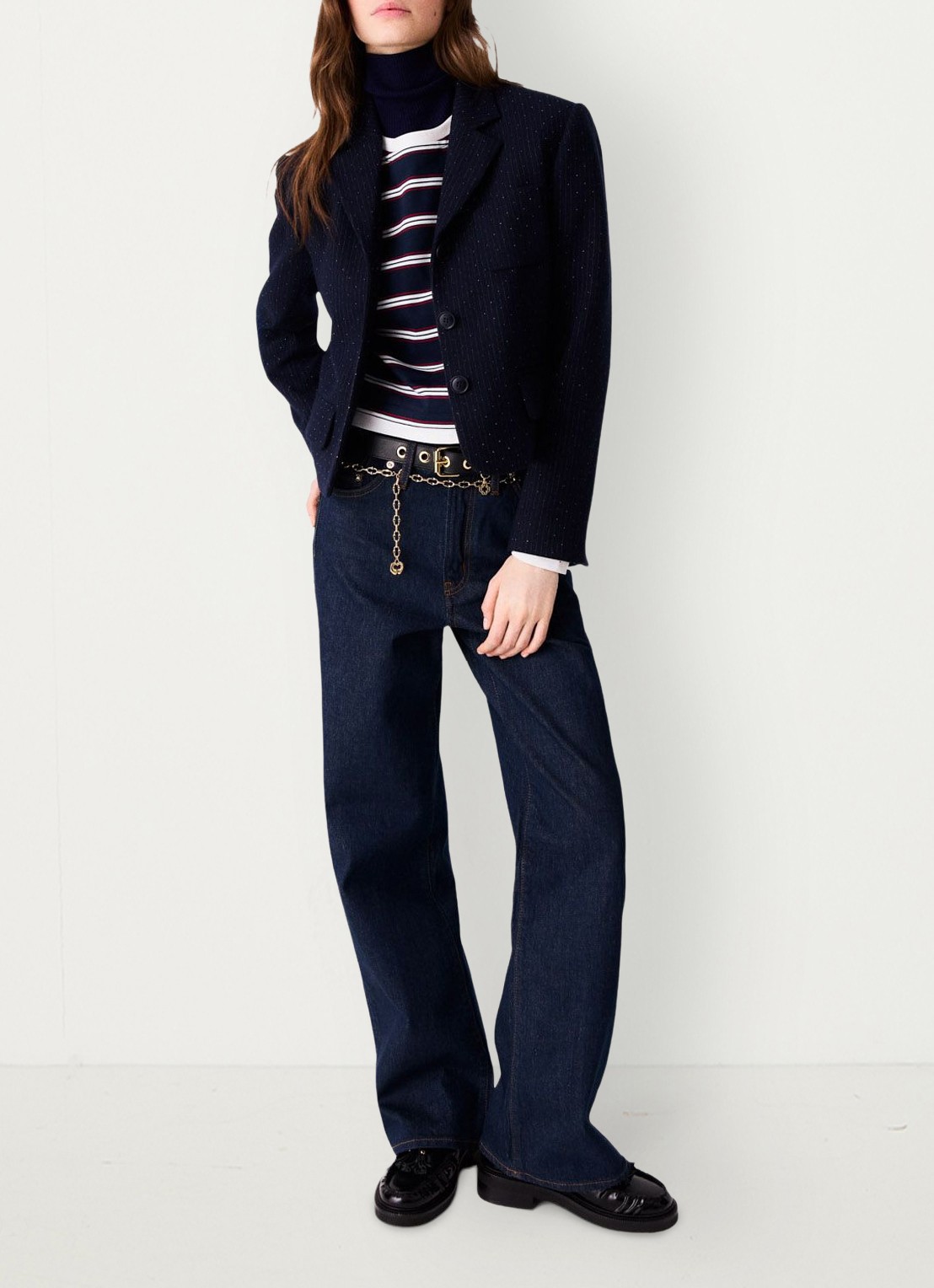 Maje Cropped blazer met streepprint en lurex - detail 6 donkerblauw