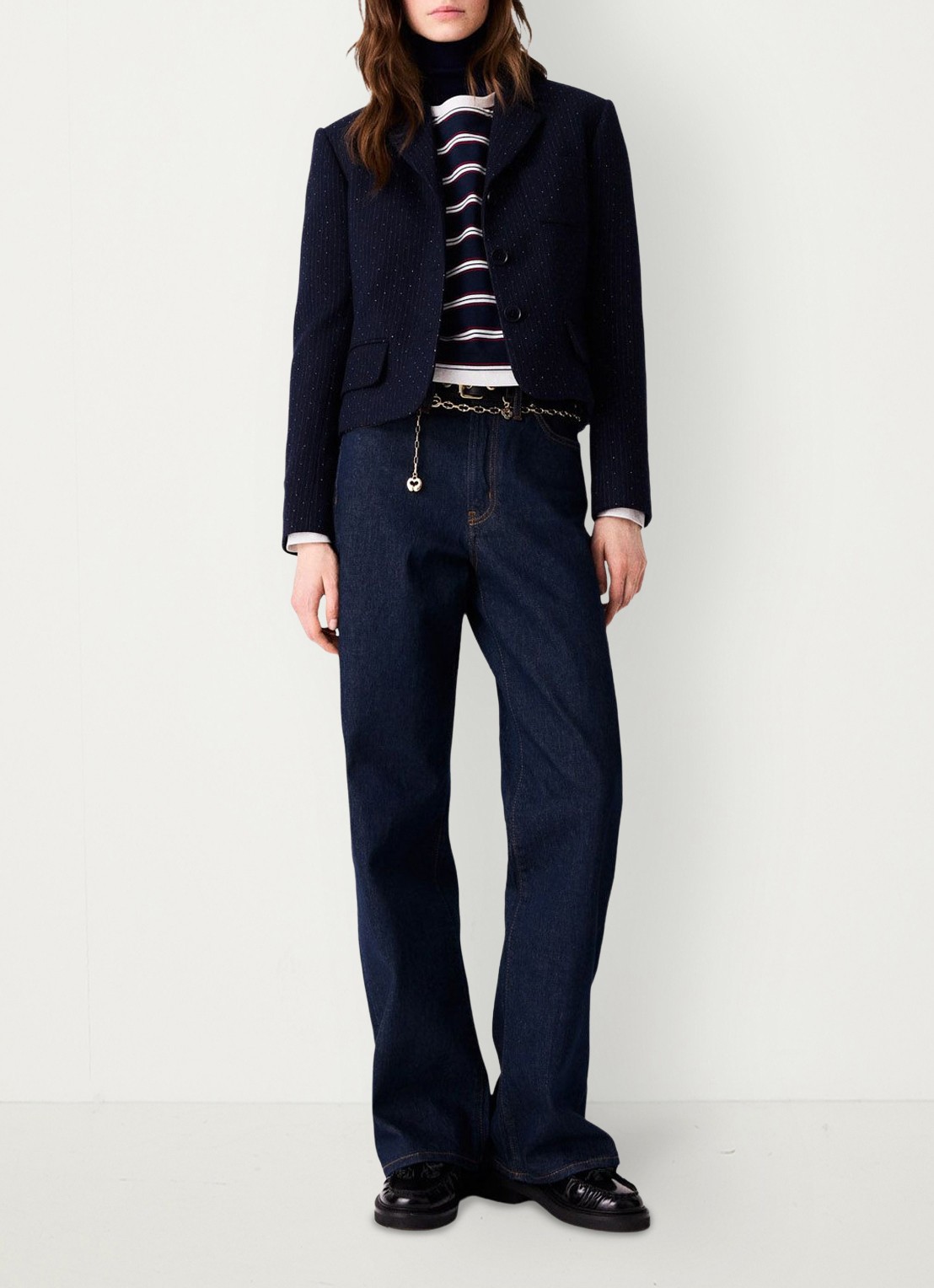 Maje Cropped blazer met streepprint en lurex - voorkant 8 donkerblauw