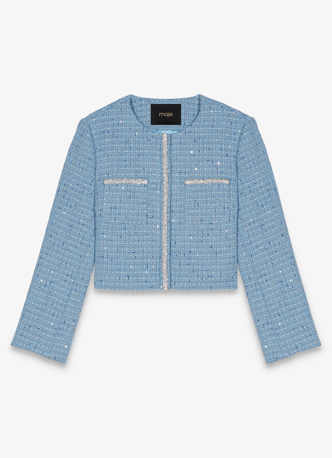 Maje Cropped blazer met tweed-look en pailletten - voorkant 2 blauw