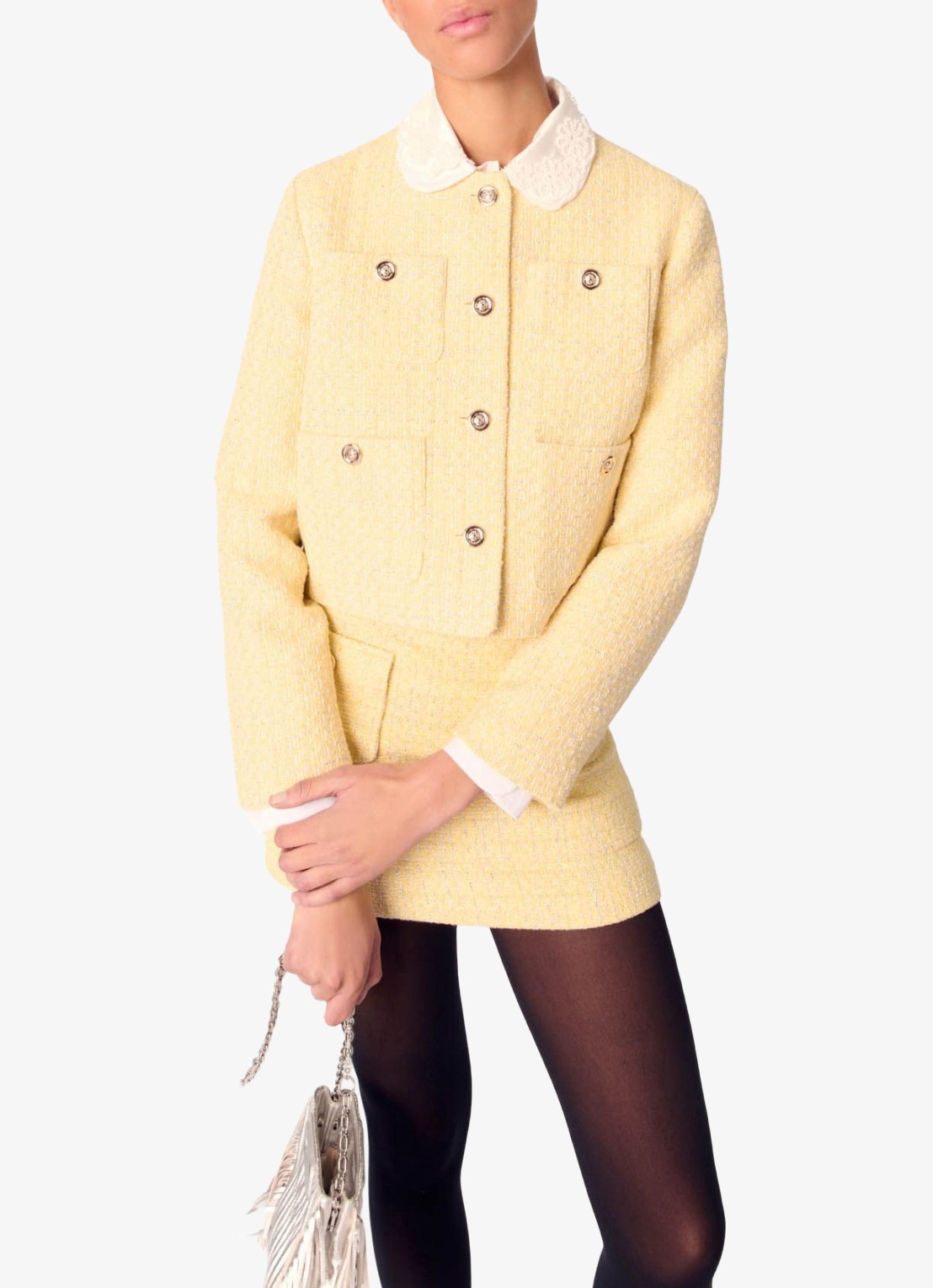 Maje Cropped blazer van bouclé - detail lichtgeel
