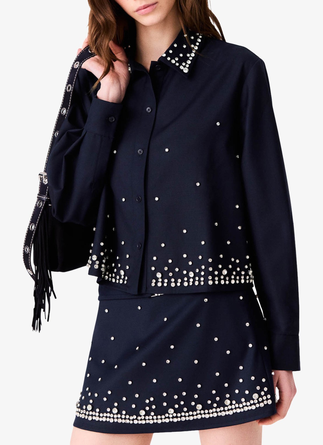 Maje Cropped blouse in wolblend met strass - detail 3 donkerblauw