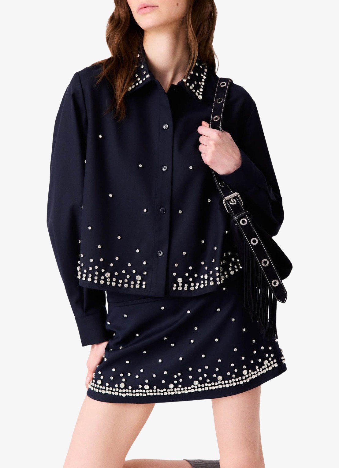Maje Cropped blouse in wolblend met strass - detail 4 donkerblauw