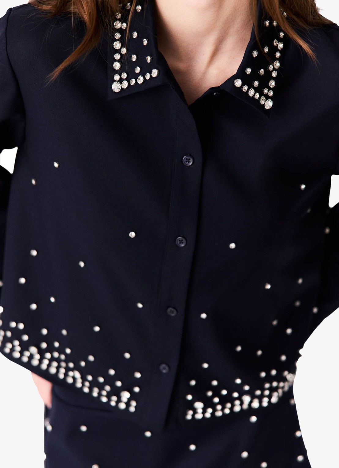 Maje Cropped blouse in wolblend met strass - detail 5 donkerblauw