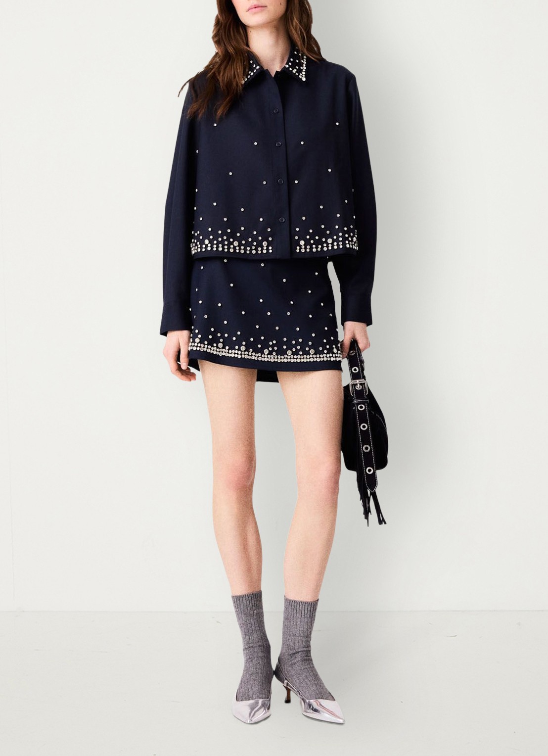 Maje Cropped blouse in wolblend met strass - voorkant 7 donkerblauw