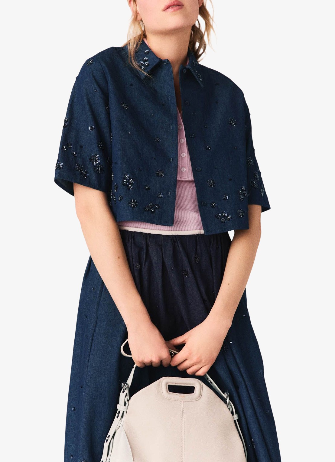 Maje Cropped blouse met kralendecoratie - detail 2 donkerblauw