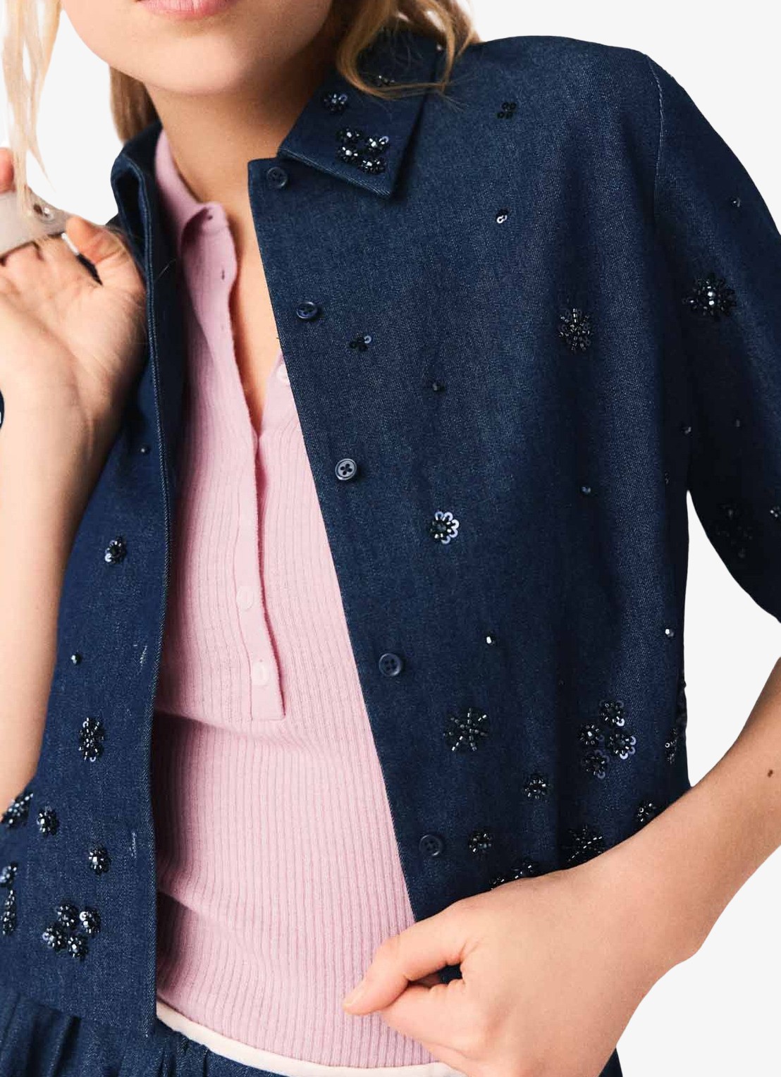 Maje Cropped blouse met kralendecoratie - detail 4 donkerblauw