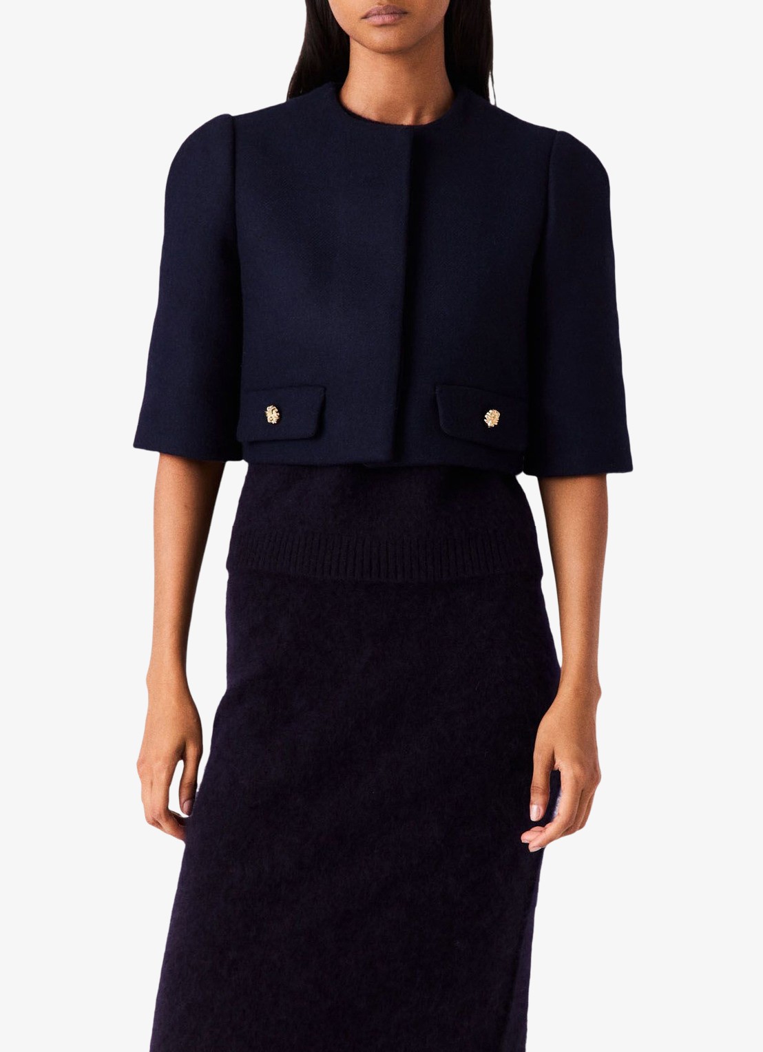 Maje Cropped jack in wolblend met afneembare sjaal - detail 6 donkerblauw