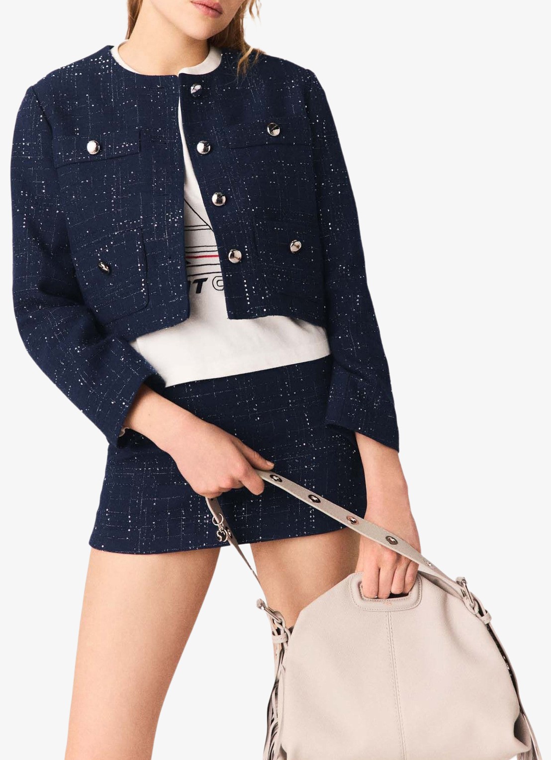 Maje Cropped jack met opgestikte zakken en strass - detail 4 blauw