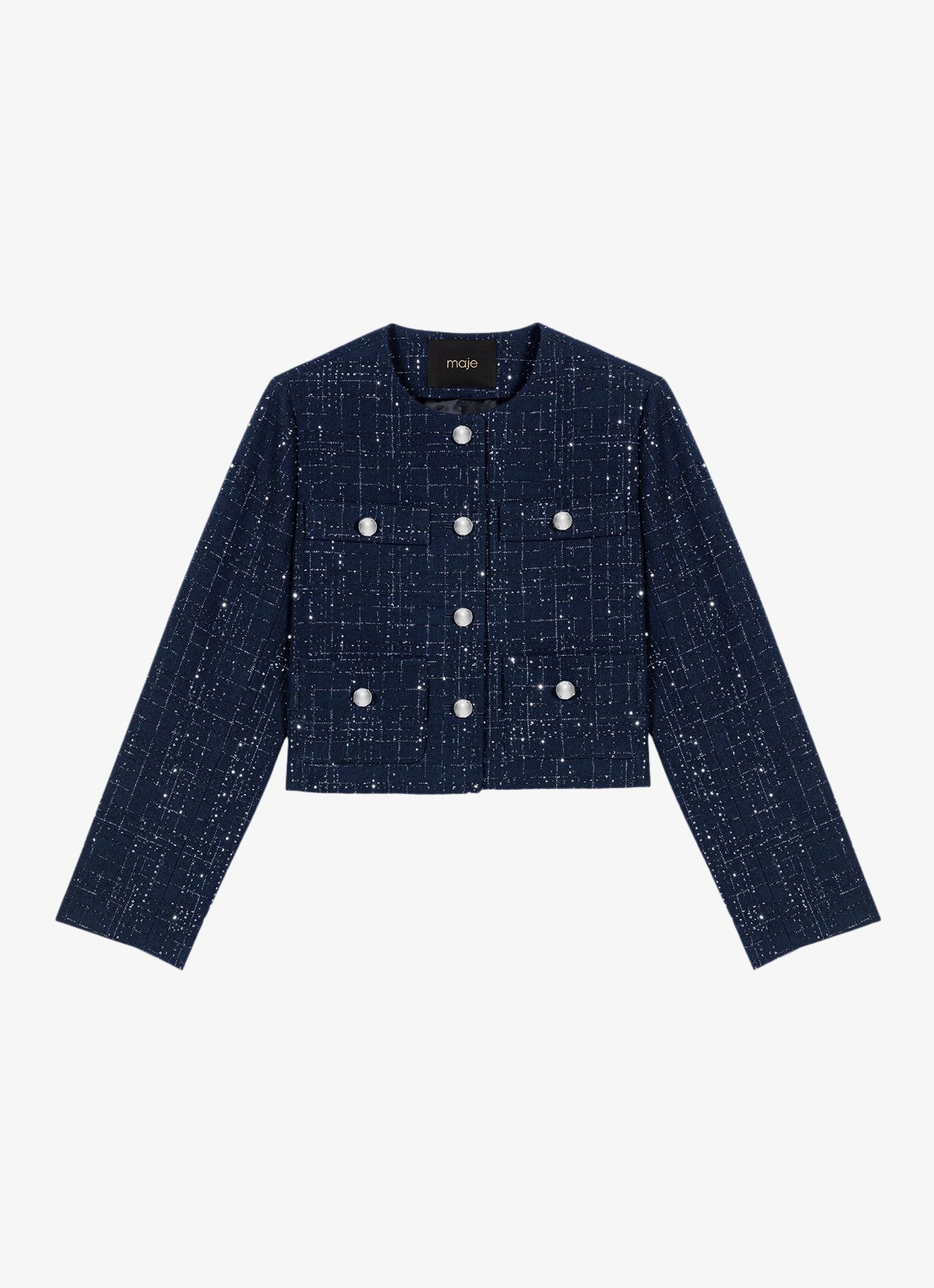 Maje Cropped jack met opgestikte zakken en strass - voorkant blauw