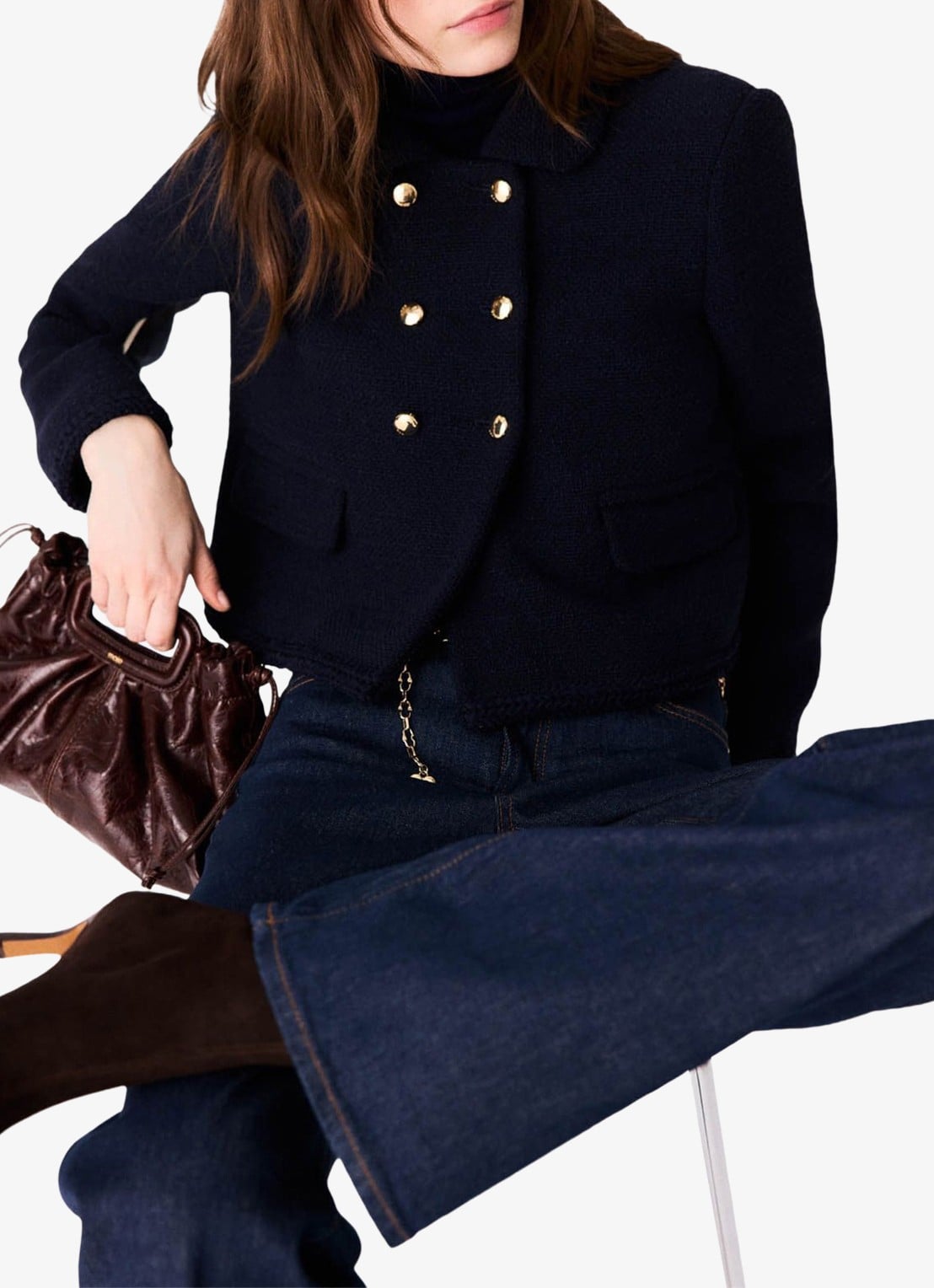 Maje Cropped jack met tweed-look - detail 3 donkerblauw