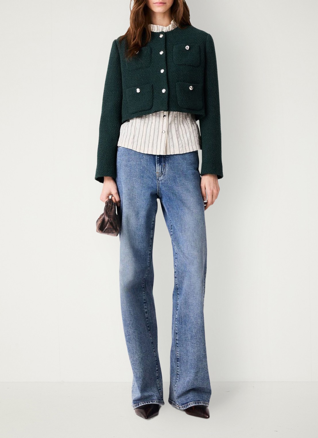 Maje Cropped jack met tweed-look - voorkant 7 donkergroen