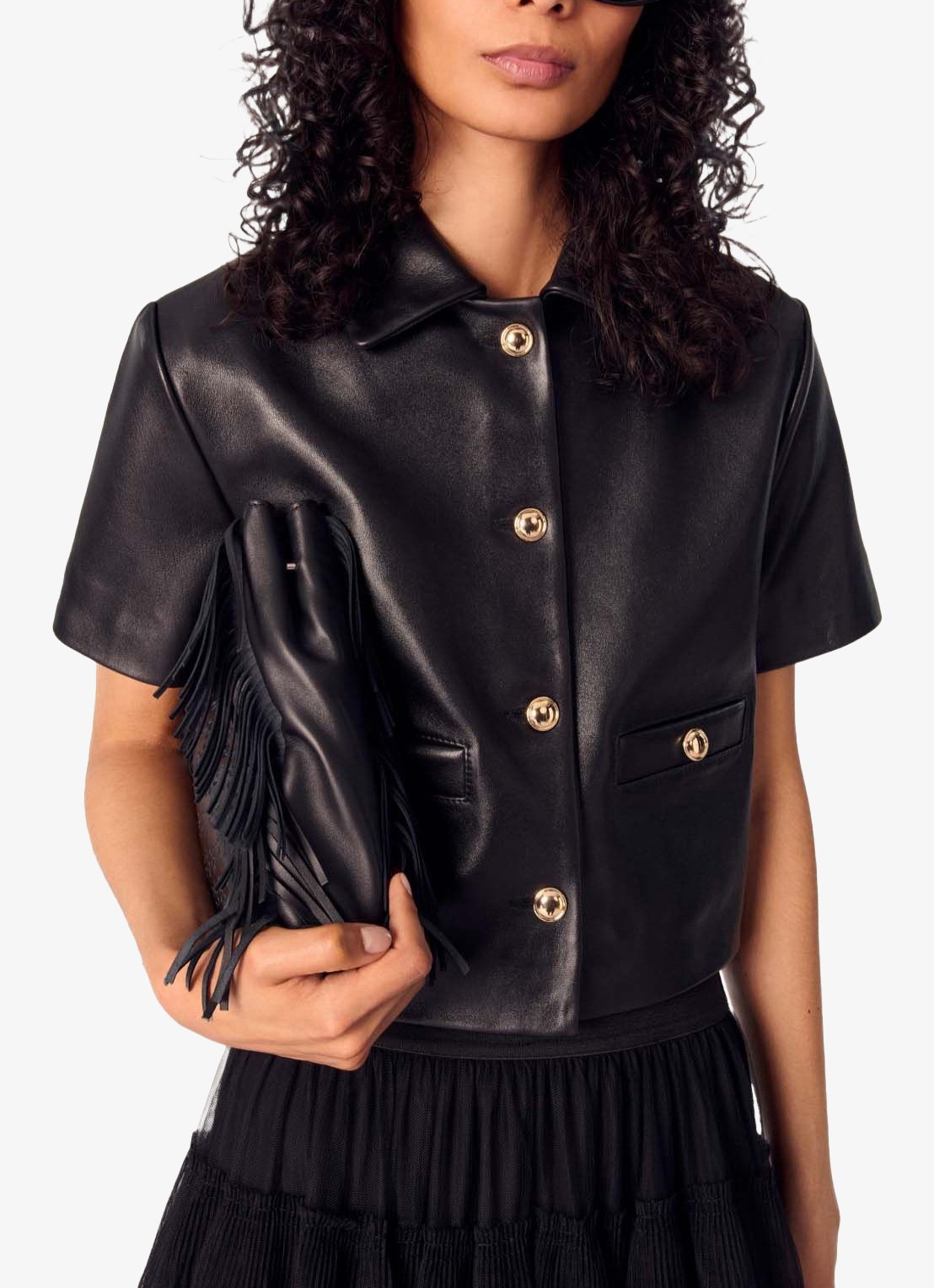 Maje Cropped jack van leer met steekzakken - detail 4 zwart
